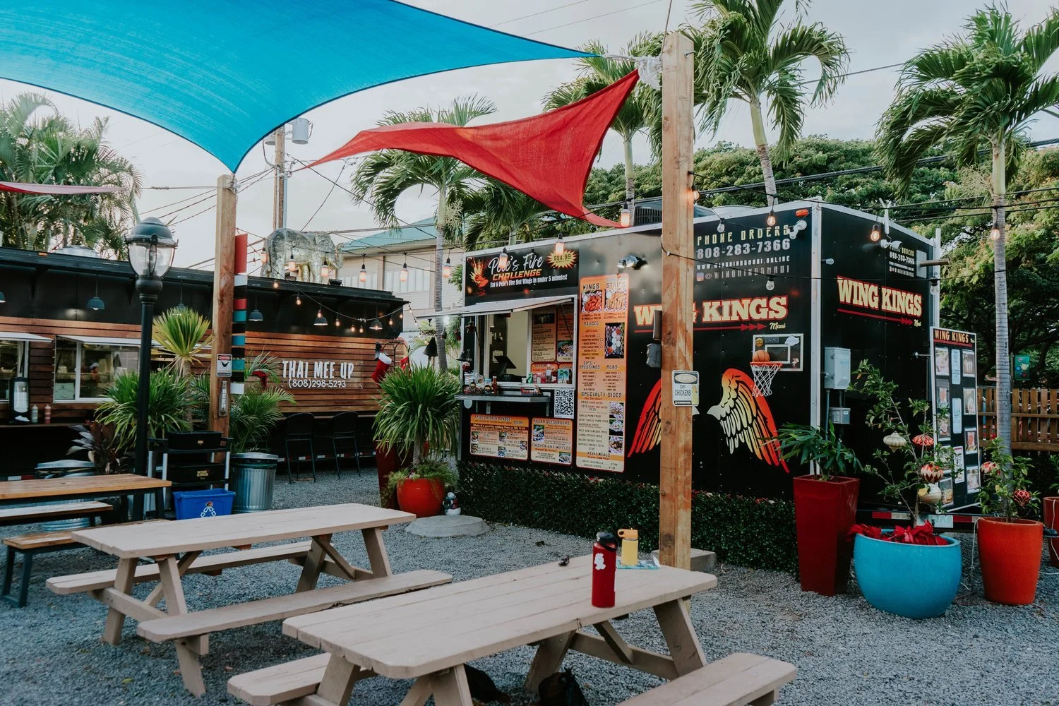 Thai street food dishes from Thai Mee Up Maui including pad thai and garlic shrimp