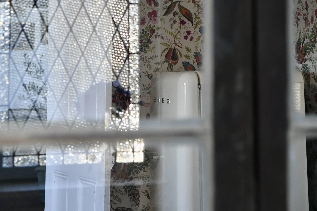 Blurred view through a wire mesh window, showing a vintage-style refrigerator and floral wallpaper in the background.