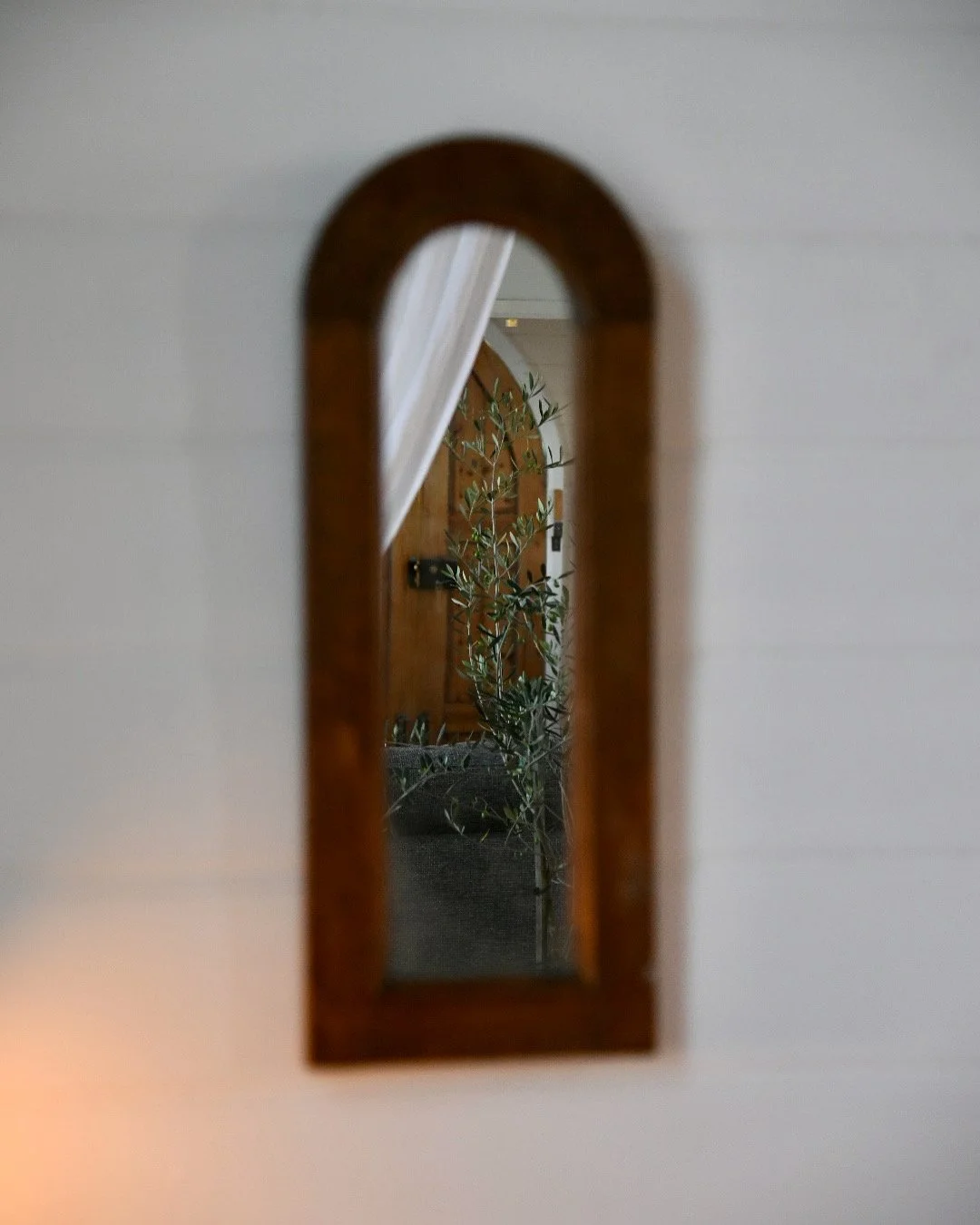 Wood-framed mirror on a wall reflecting a plant and part of a door.