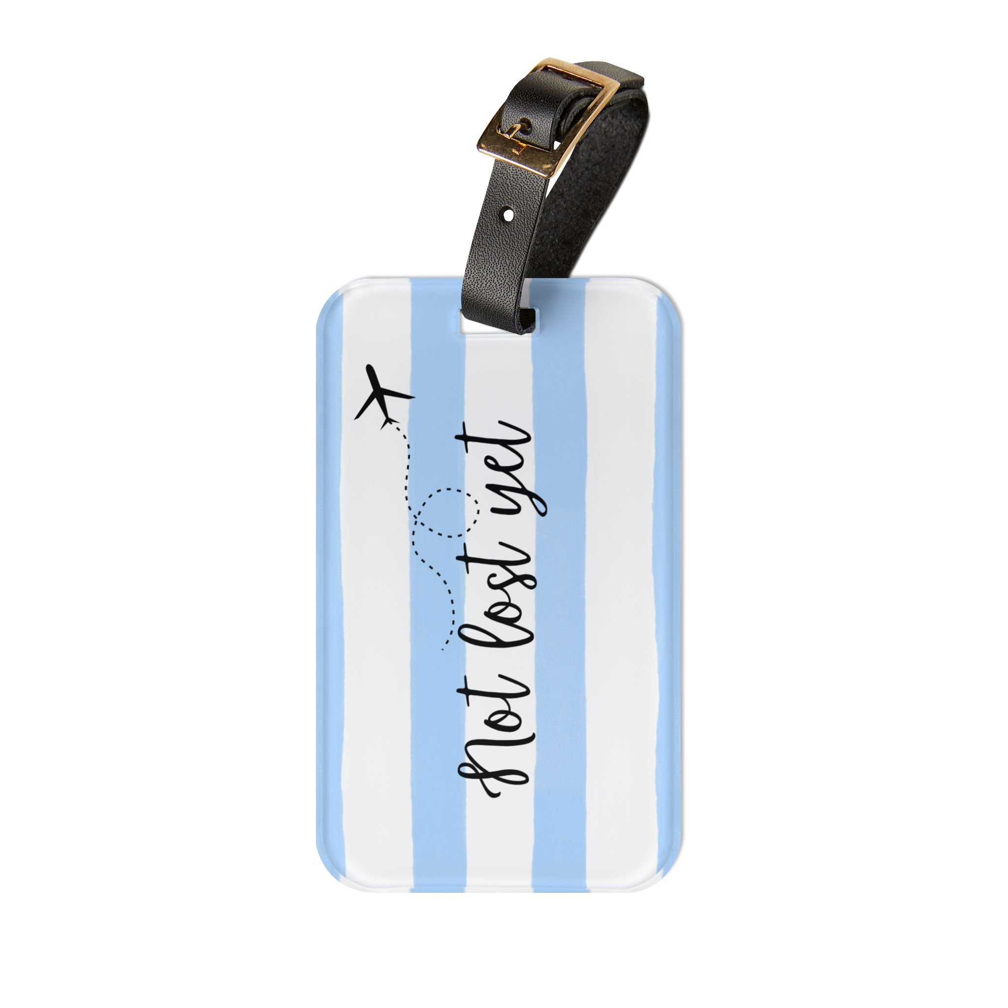 Not Lost Yet Blue Stripe Luggage Tag — Travel ID Tag with Airplane Design