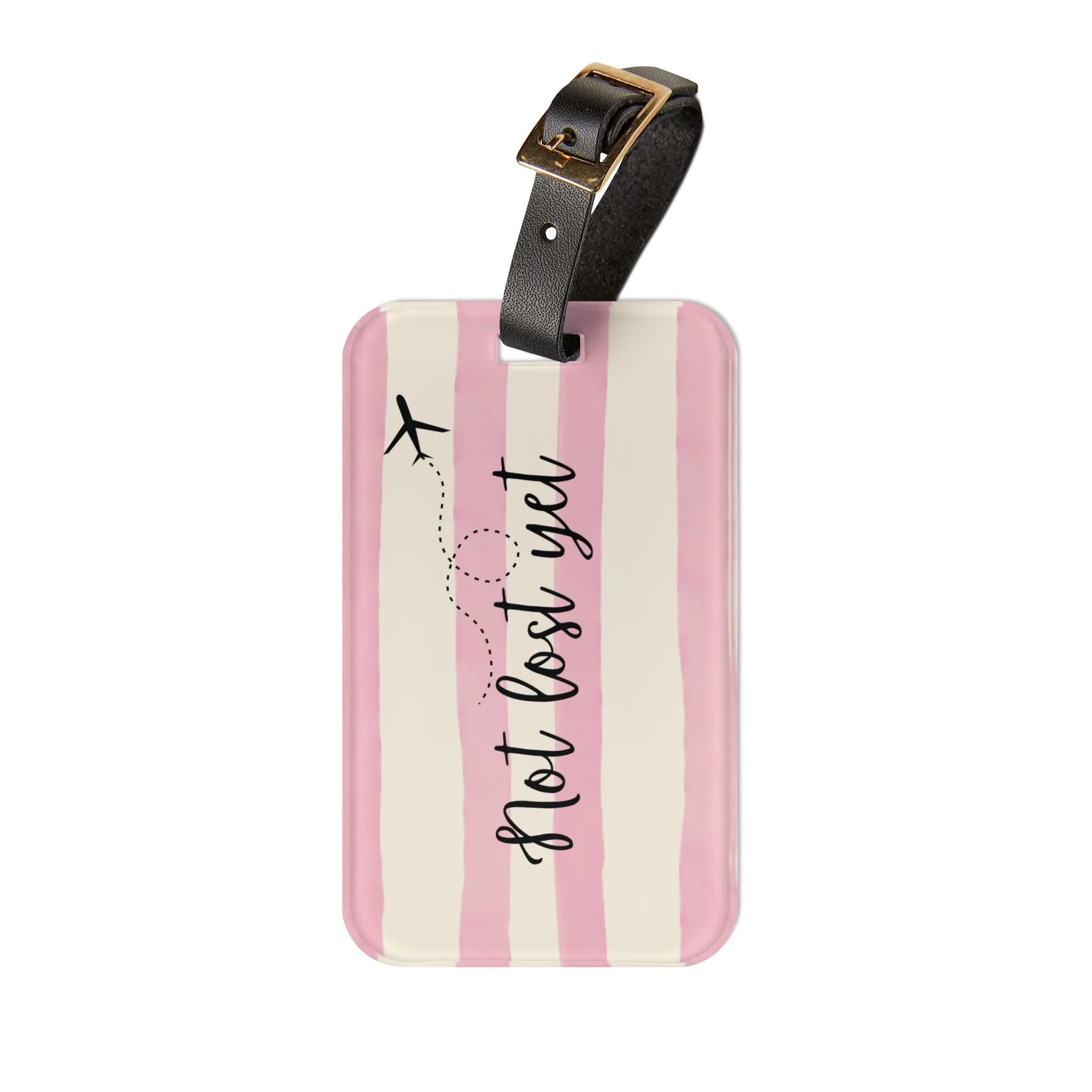 Not Lost Yet Pink Stripe Luggage Tag — Travel ID Tag with Airplane Design