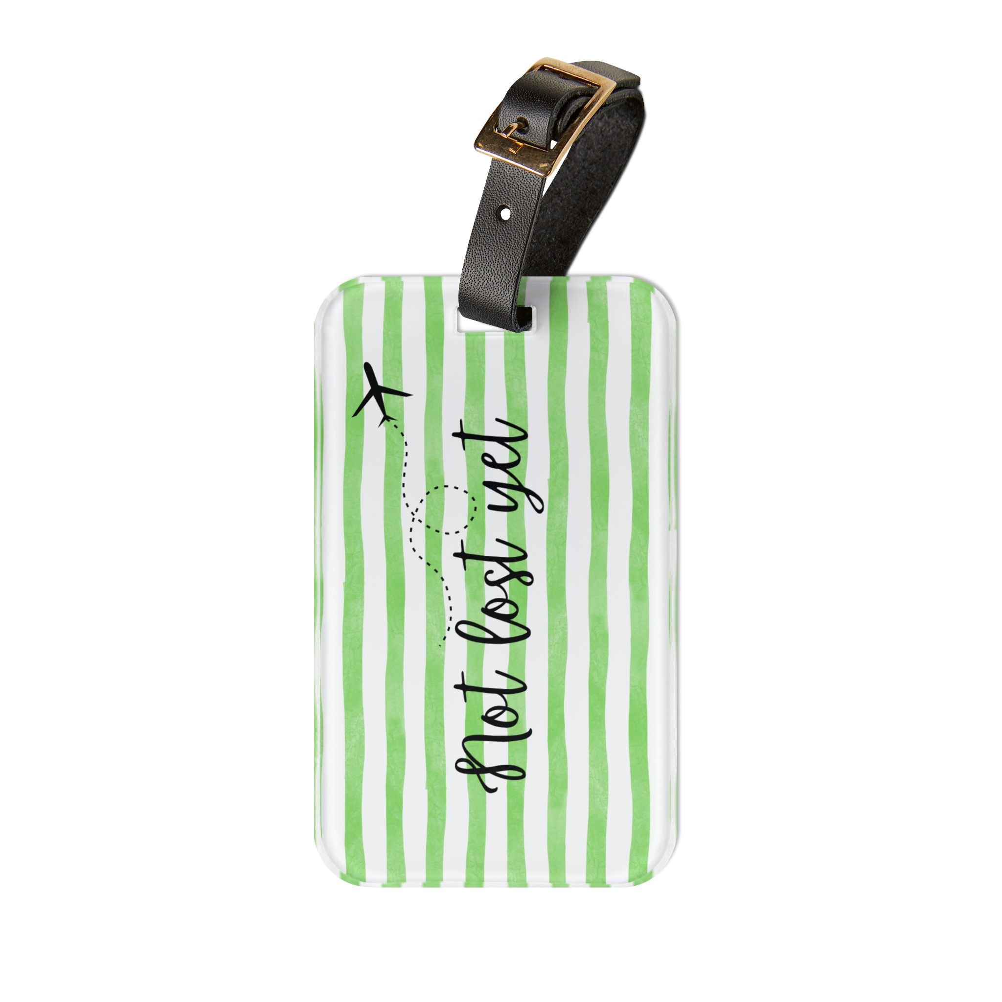 Not Lost Yet Green Stripe Luggage Tag — Travel ID Tag with Airplane Design