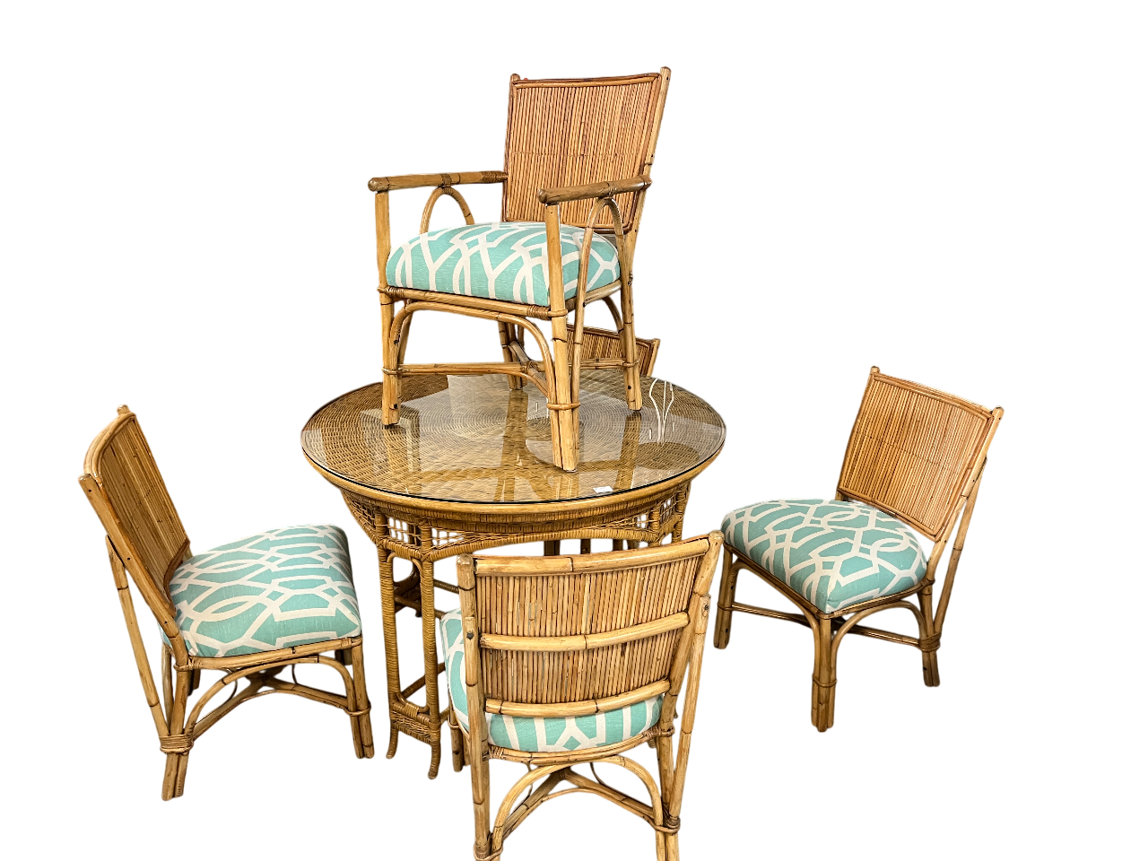 Coastal Rattan Dining Set – Glass-Top Table + 5 Chairs with Aqua Pattern Cushions 12076-5