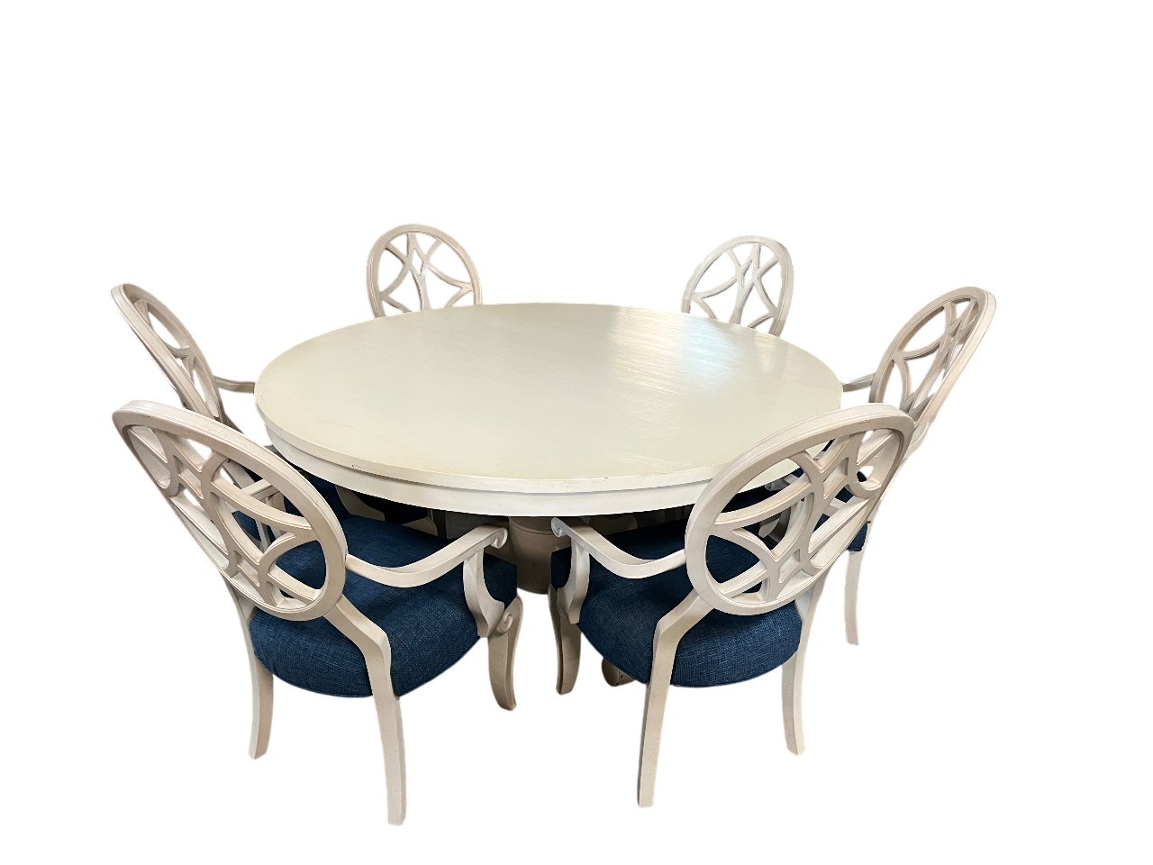 Coastal White Round Dining Table Set – 6 Upholstered Chairs
