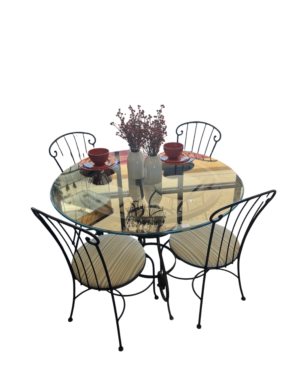 Glass Top Dining Set – Wrought Iron Base with 4 Striped Seat Chairs - 8019-2