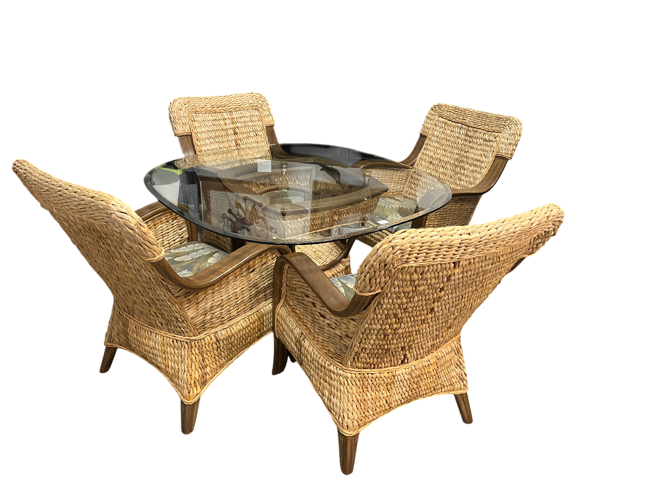 Coastal Wicker Dining Set – Glass Top Table w/ 4 Woven Armchairs - 13415-1