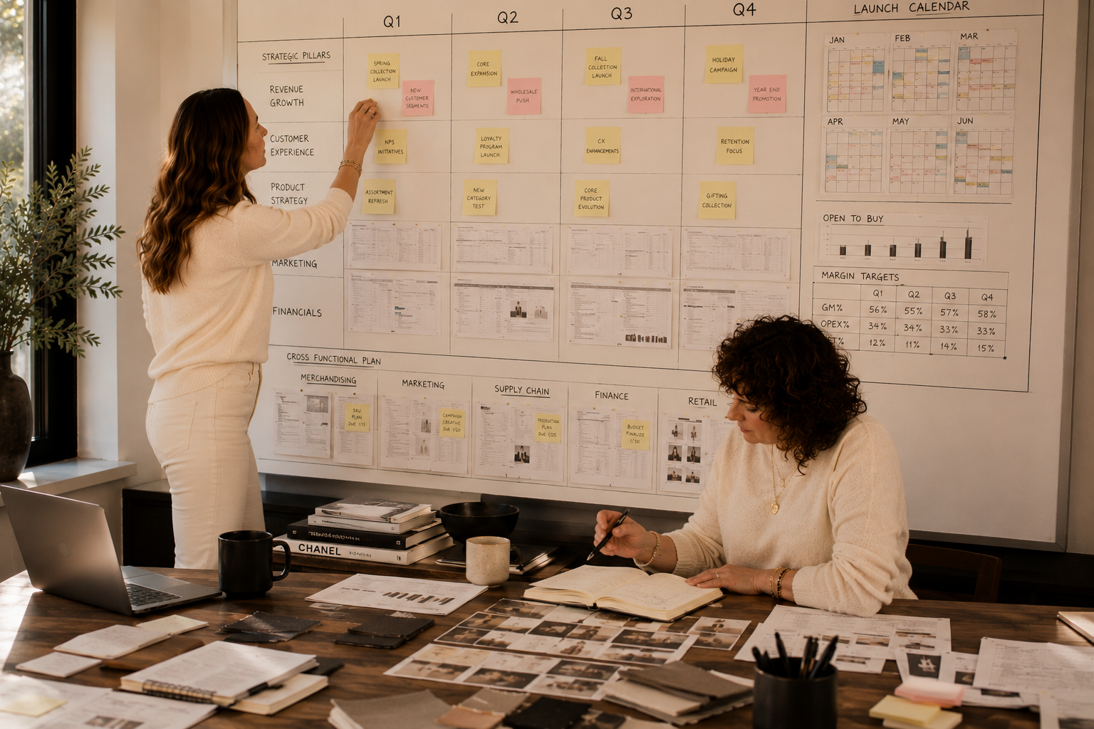 Julie McCarter and Carolyn MacBain-Waldo, co-founders of Plan + Pivot Collective, reviewing merchandising plans together outdoors.