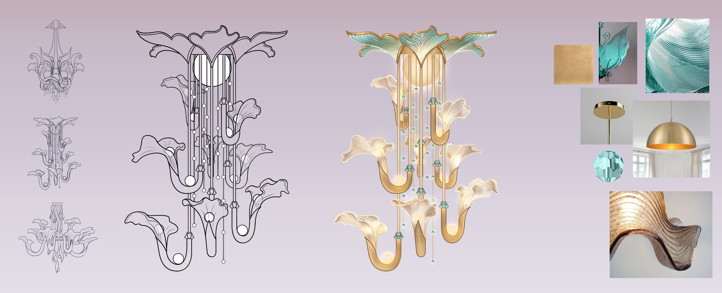 Design process for a modern chandelier, including sketches, digital renderings, fabric and material samples, and inspiration photos.