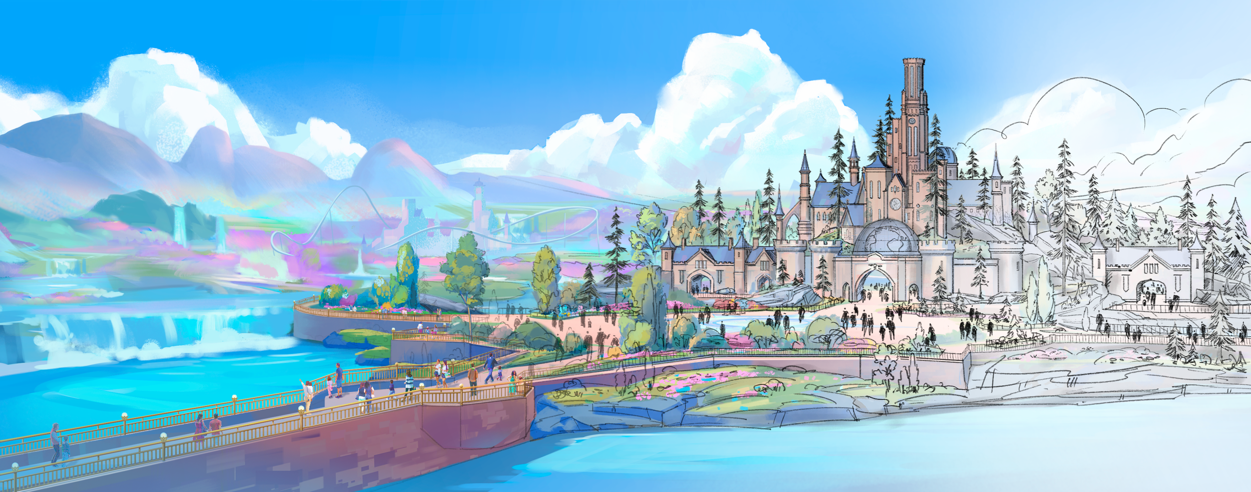 Colorful illustration of a castle with flying buttresses, towers, and a dome, set on a hill surrounded by trees. In the foreground, a river flows with a walkway along its edge where people are walking. The background features mountains, clouds, and waterfalls.
