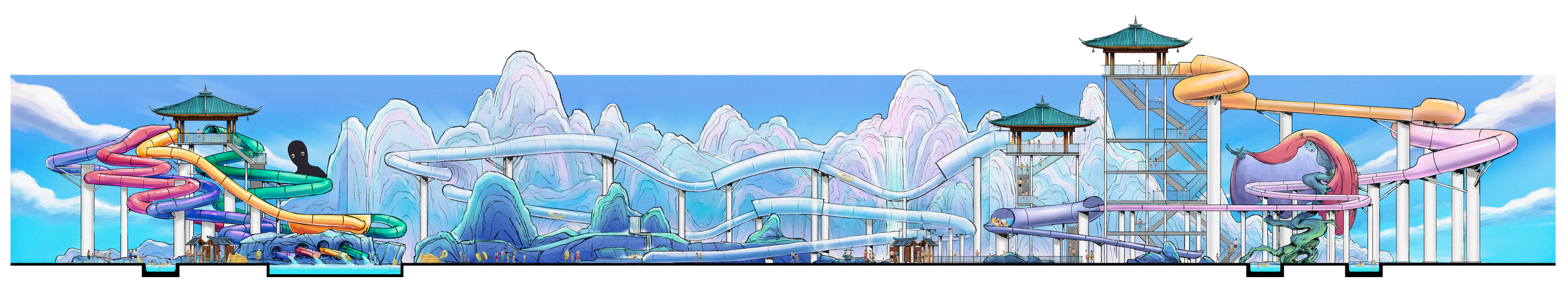 A colorful water park with multiple twisting water slides, mountain-themed structures, and traditional Asian pagoda-style roofs.