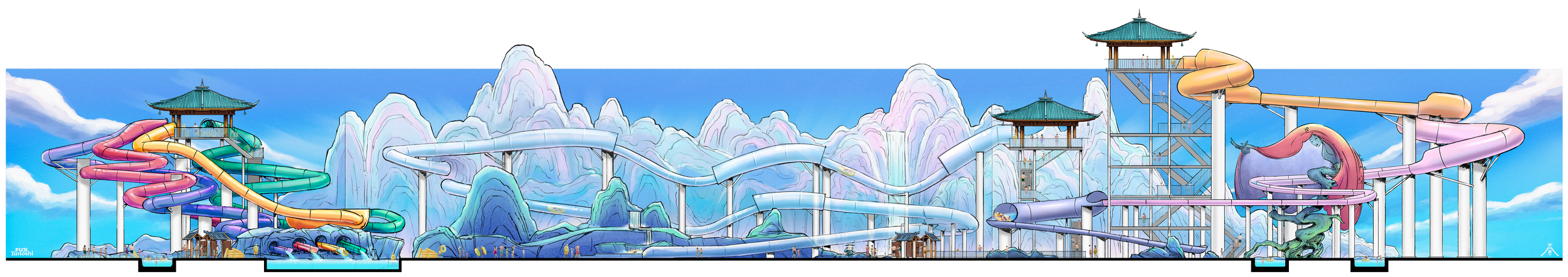 Colorful water park with multiple waterslides, towers, and a dragon-shaped slide in the foreground, set against a mountain backdrop with cloudy sky.