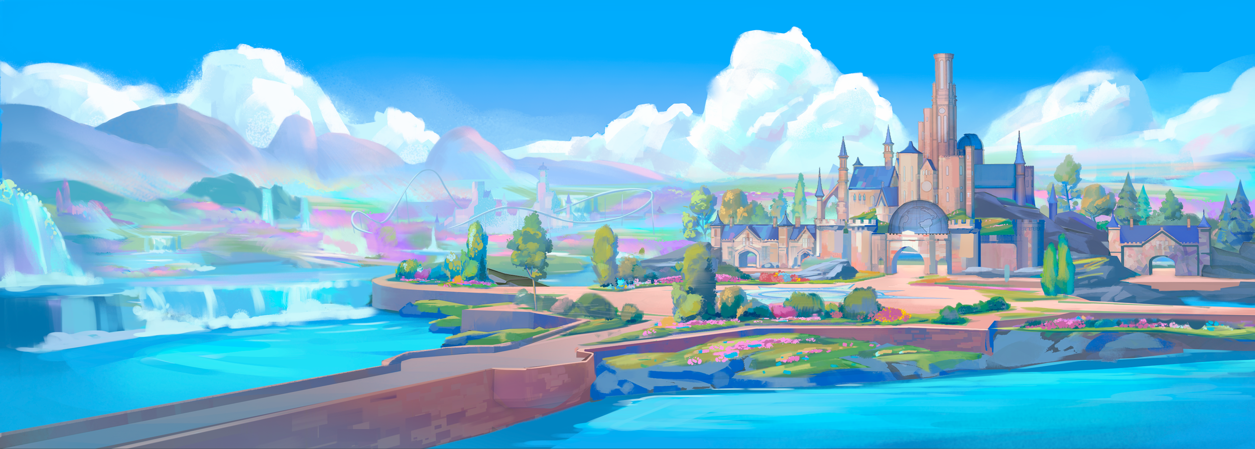 Illustration of a fantasy castle with tall towers, surrounded by colorful gardens, a waterfall, and a river, set against a backdrop of mountains and a bright blue sky with fluffy clouds. Theme park design world castle. Overture