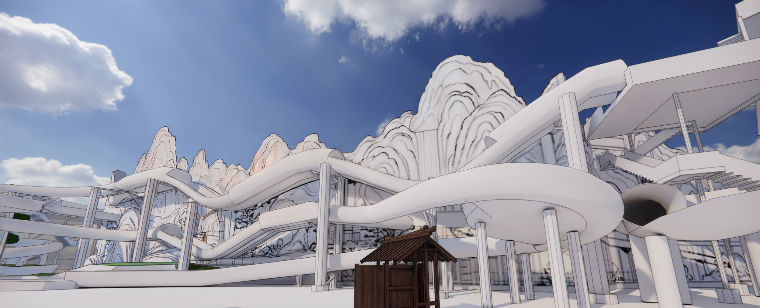 Digital rendering of a modern water park with winding white water slides against a blue sky with clouds, featuring a stylized mountain backdrop and minimalistic structures.