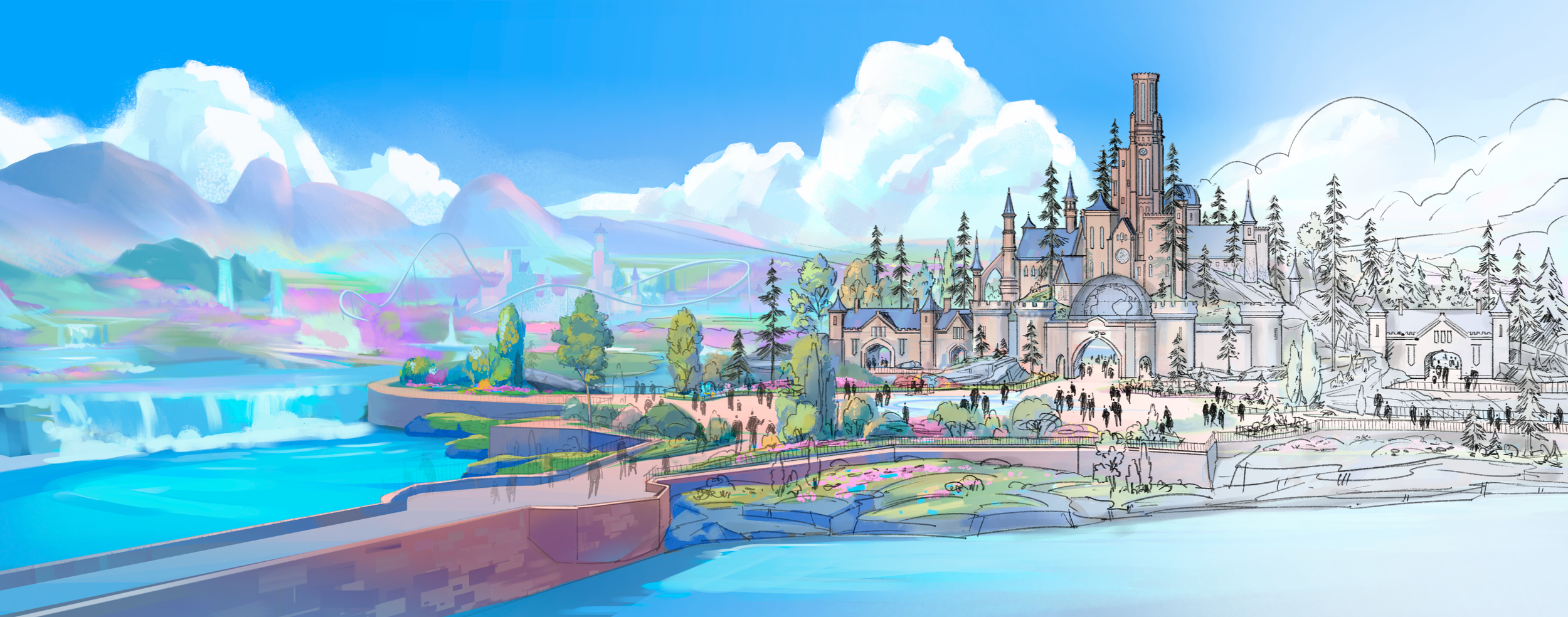 A colorful, artistic illustration of a fantasy castle with tall spires and surrounded by a forest, with mountains in the background and a body of water in the foreground.