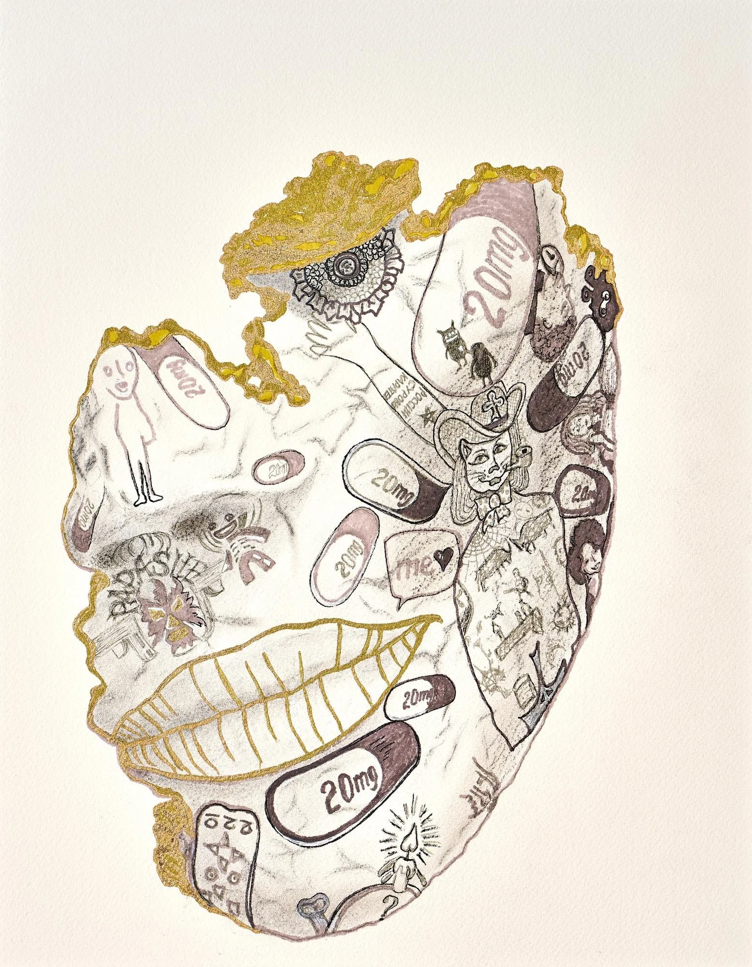 Grotesk — pencil and gold drawing by Milla Petrova, 12 by 14 inches