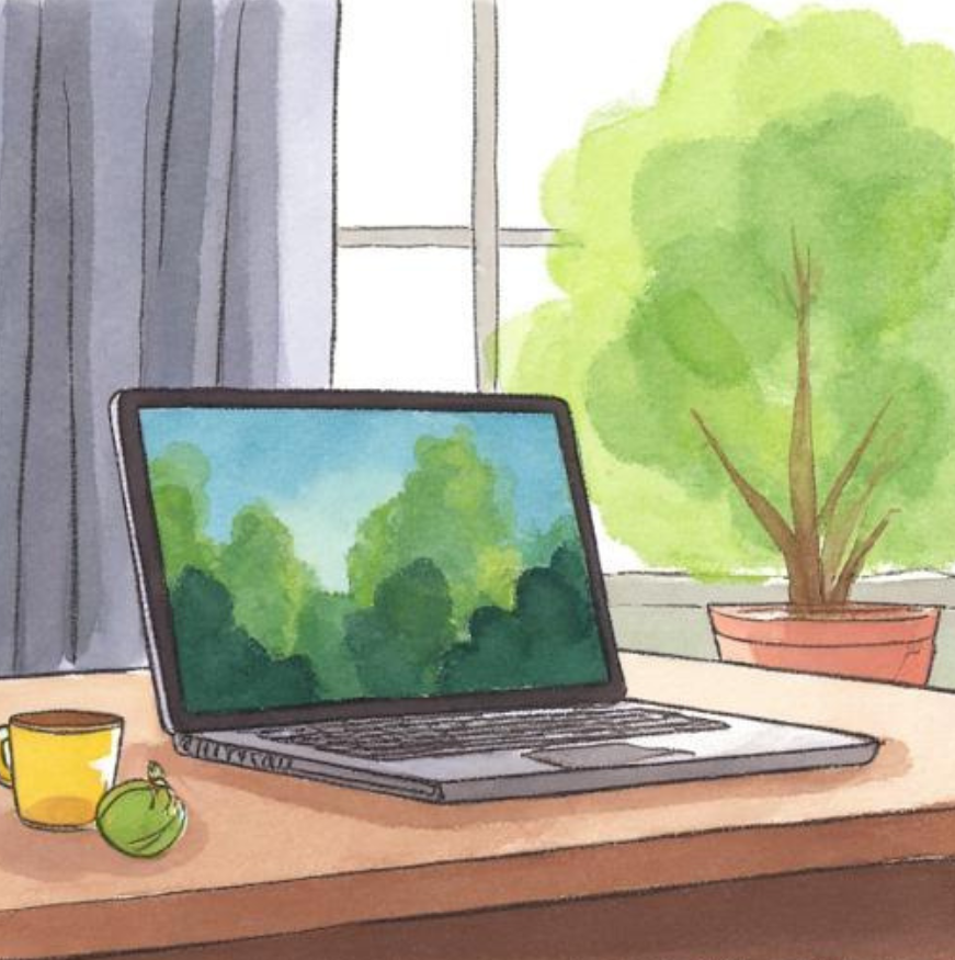 Watercolor painting of a home workspace with a laptop displaying green trees, a yellow mug, a green tomato, and a potted plant beside a large window with gray curtains.