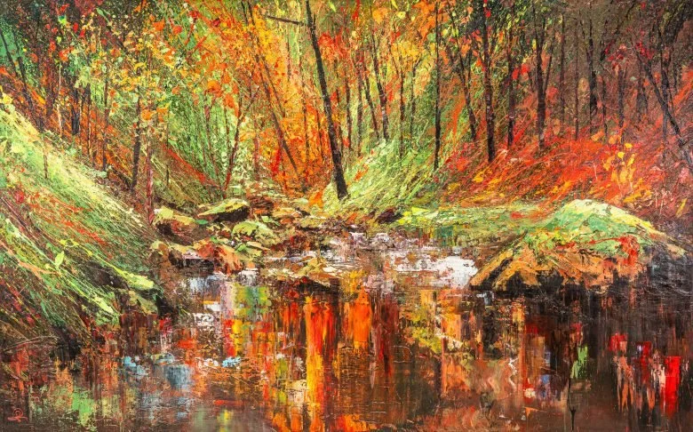 Painting of a forest stream in autumn with colorful fall foliage and reflections on the water.