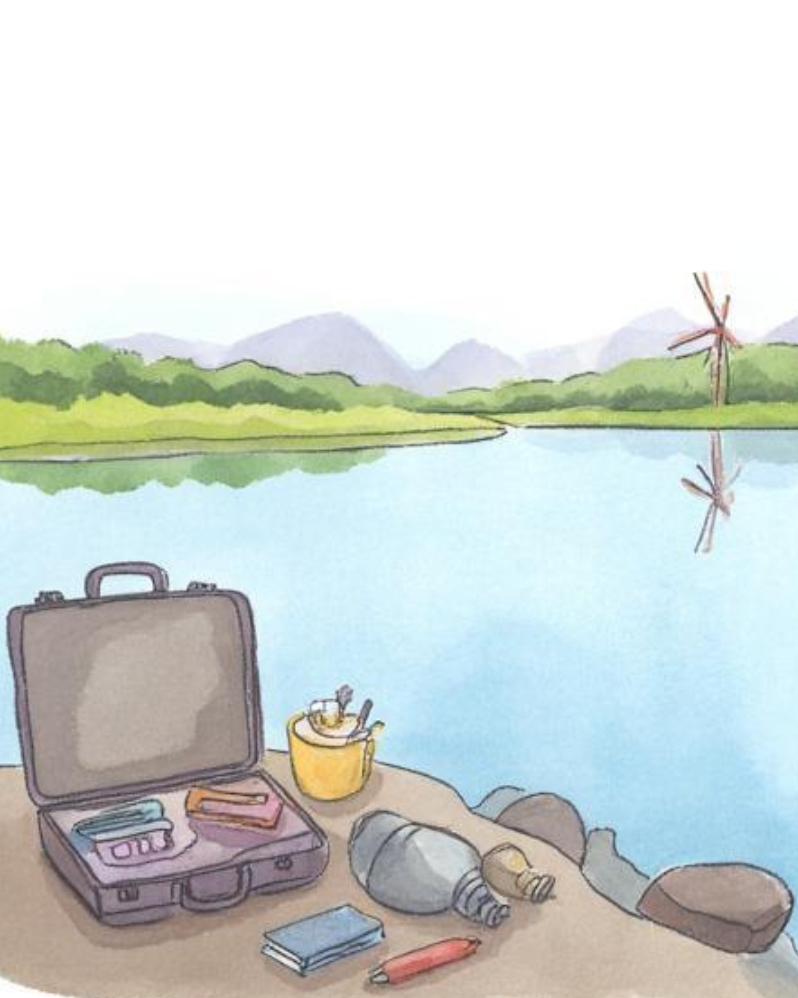 Illustration of a lakeside scene with a backpack, a yellow cup with utensils, a plastic water bottle, a rolled-up paper, a pencil case, and a closed book on the ground near rocks. In the background, there are mountains, green trees, and a windmill by the water.