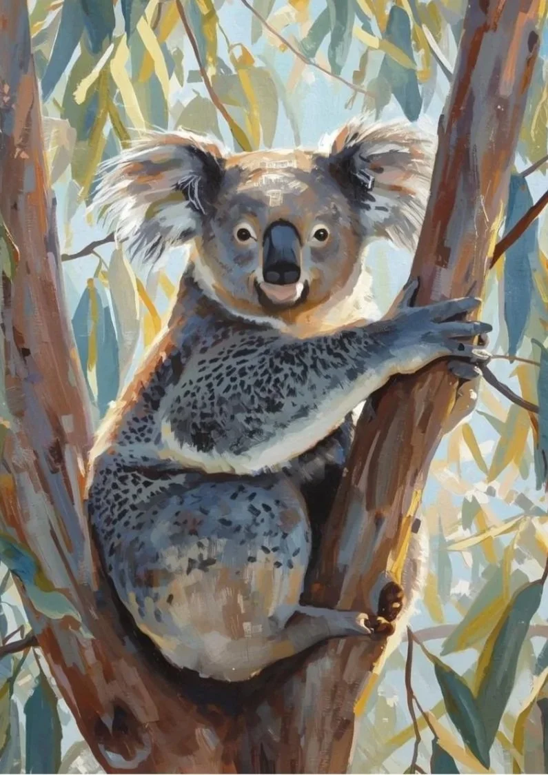 Illustration of a koala climbing a tree with green leaves in the background.