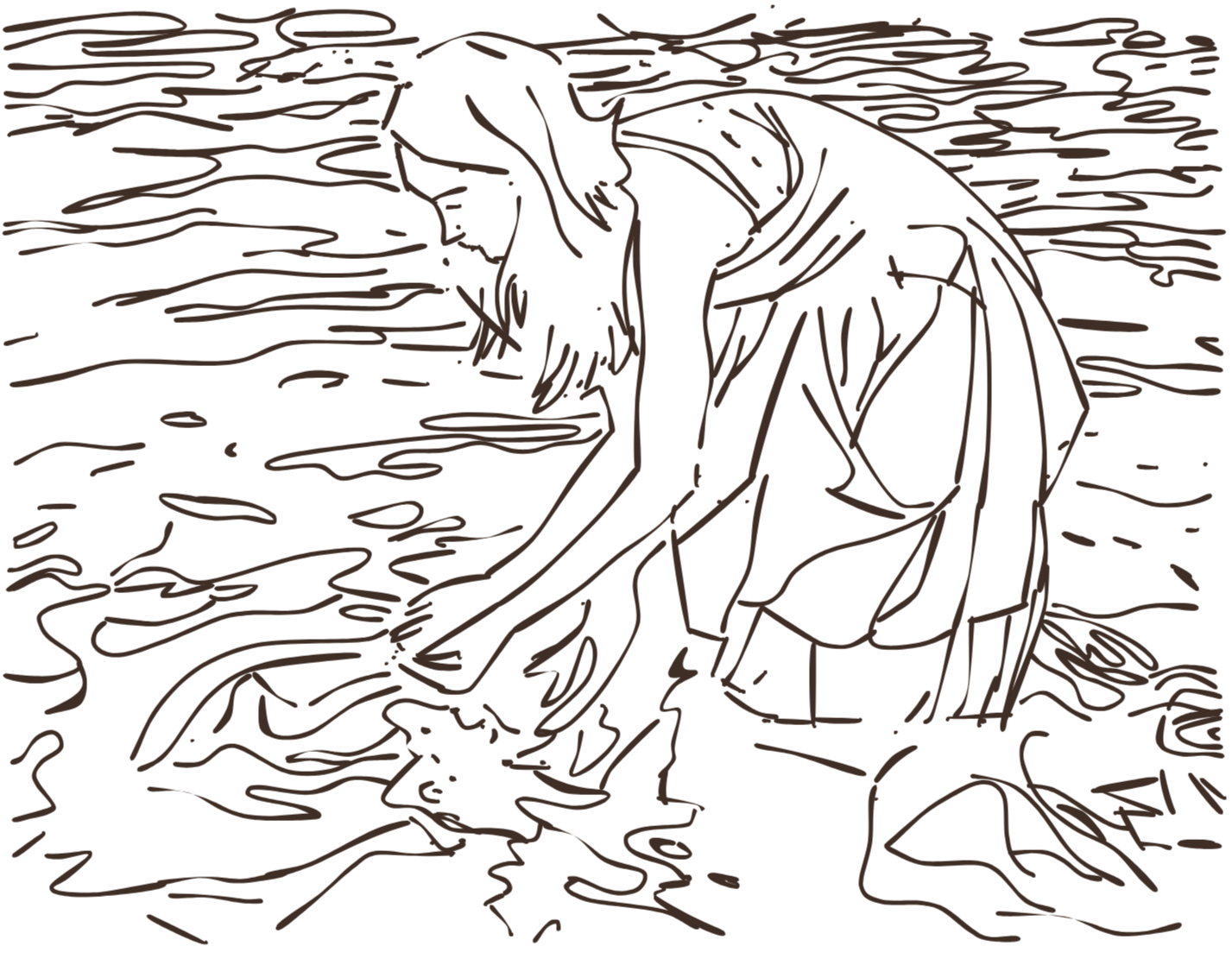 Line drawing of a woman kneeling by water, touching the water's surface with her hands, with her head bowed and hair hanging forward.