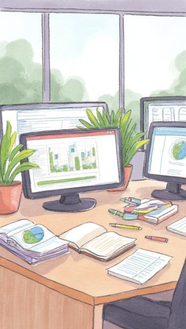 Illustration of a messy office desk with computers, papers, books, pens, and plants, with a window in the background.