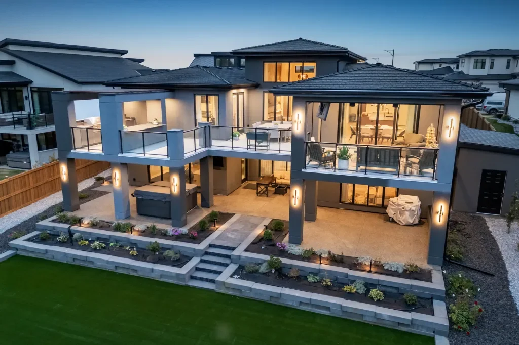 a backyard view of a beautiful home, designed and made by Kaidian Custom Homes, Edmonton, AB