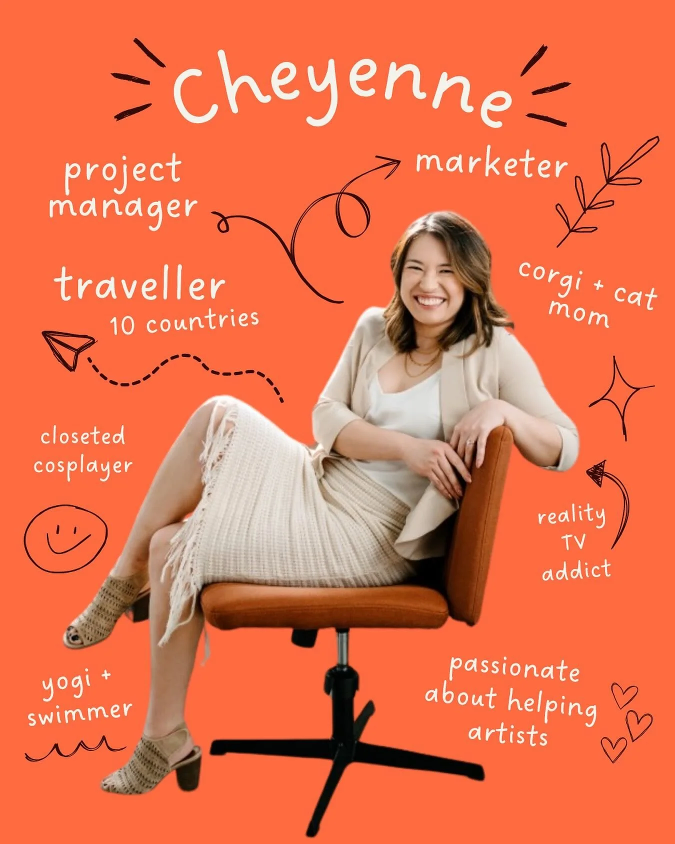 ✨ A little about me, since we&rsquo;re hanging out here now&hellip;

I&rsquo;m Cheyenne: a project manager, marketer, and so much more.

🐈&zwj;⬛ I have a cat named Mouse and a @corginamedpotato.
✈️ I&rsquo;ve traveled to 10 countries&mdash;wait, no,