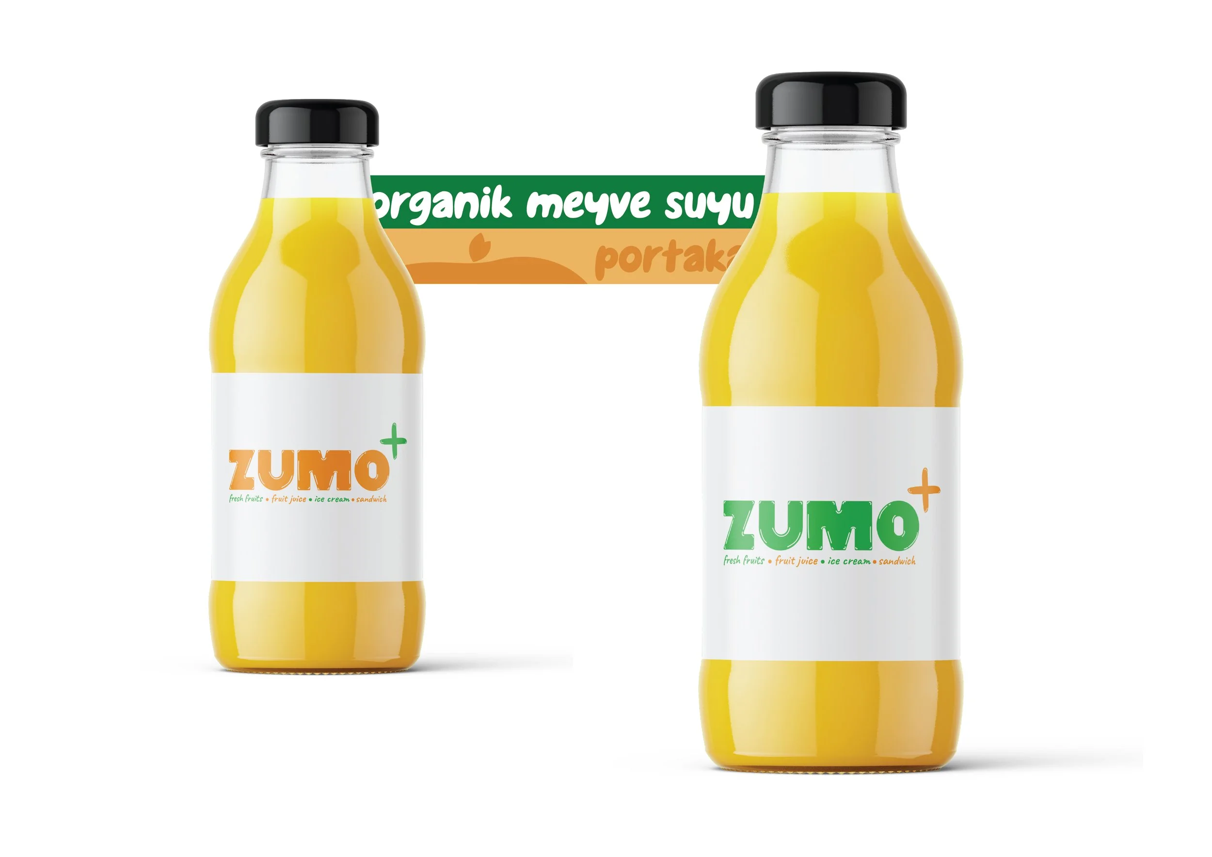 İki adet cam şişe portakal suyu, "Zumo+" etiketli, siyah kapaklı. Arkada "organik meyve suyu portakal" yazısı var.