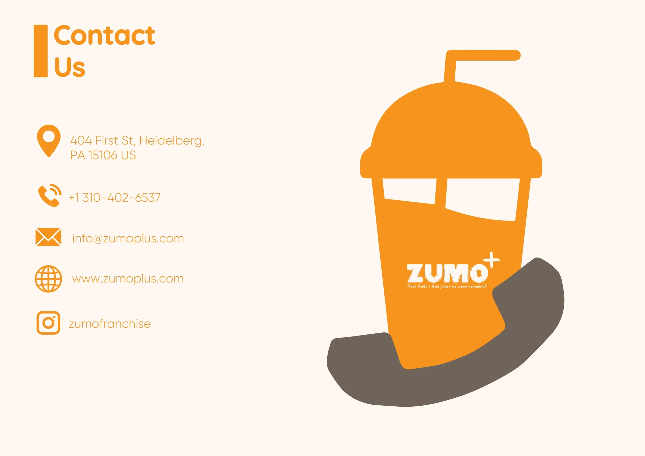 ZUMO+ iletişim bilgileri; adres, telefon, e-posta ve web sitesi bilgileriyle turuncu tasarım.