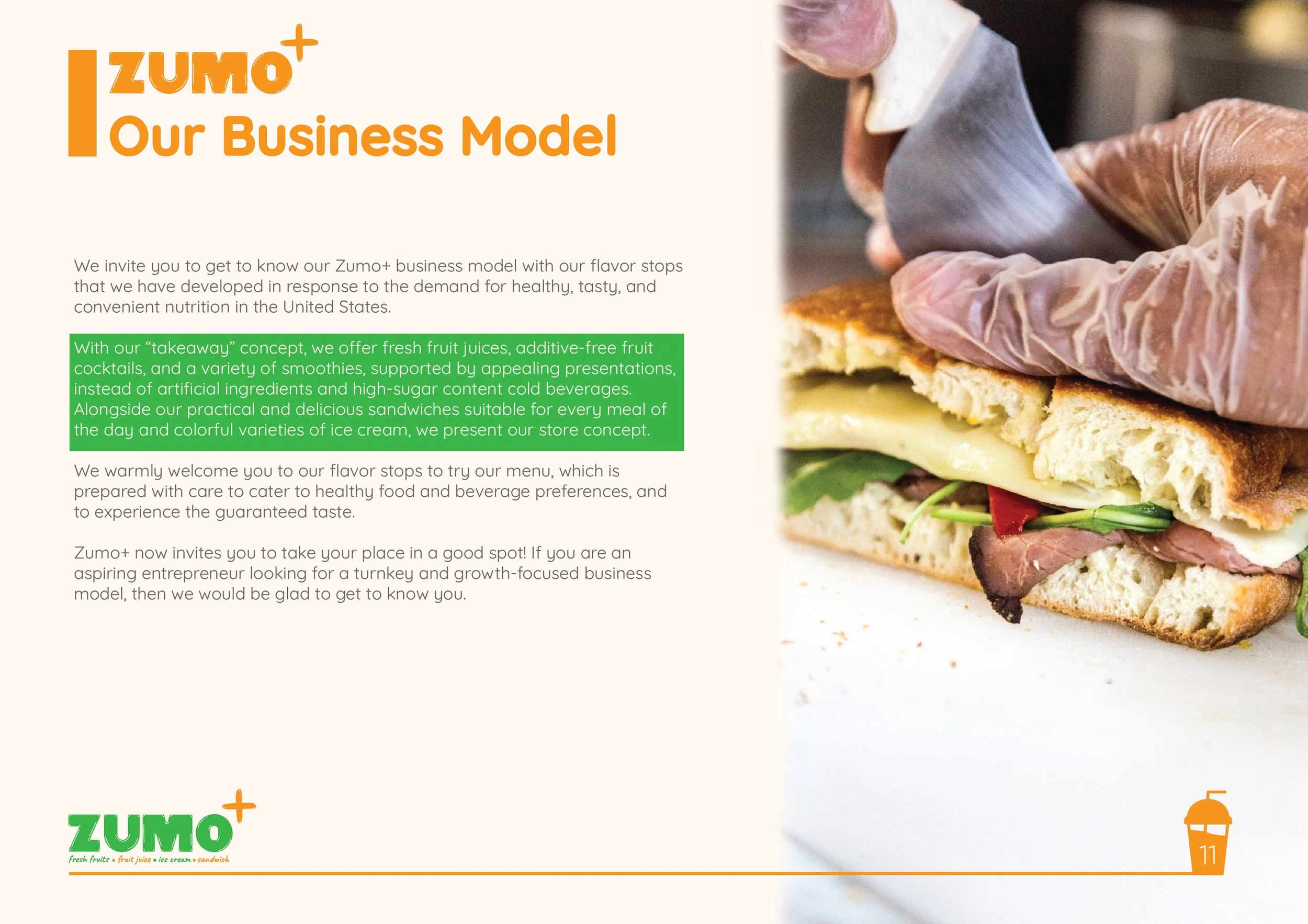Zumo+ iş modeli tanıtımı, sağlıklı içecek ve sandviç konsepti, gıda sunumu, bir sandviçin hazırlanışı, Zumo+ logosu.