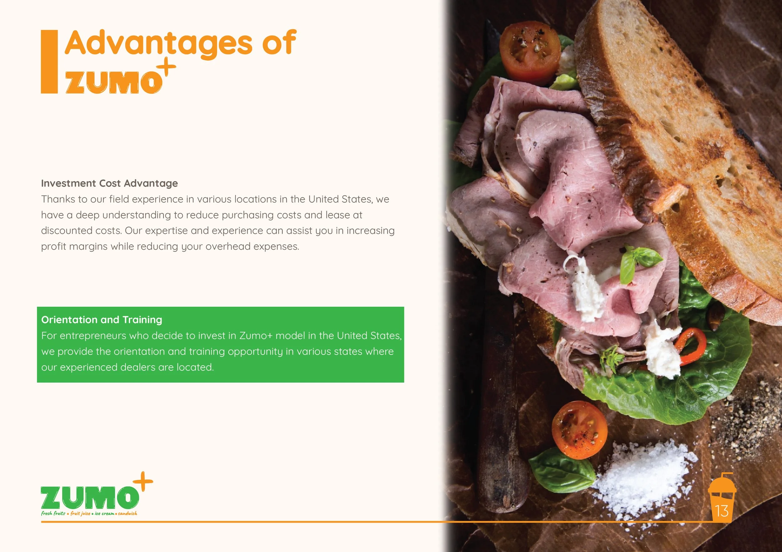 ZUMO+ avantajlarını içeren metin ve sandviç fotoğrafı. Sandviçte ince dilimlenmiş et, yeşillikler, domates ve peynir bulunuyor. Sol üstte "Advantages of ZUMO+" başlığı, altta yatırım ve eğitim avantajları hakkında bilgiler yer alıyor. Alt kısımda ZUM