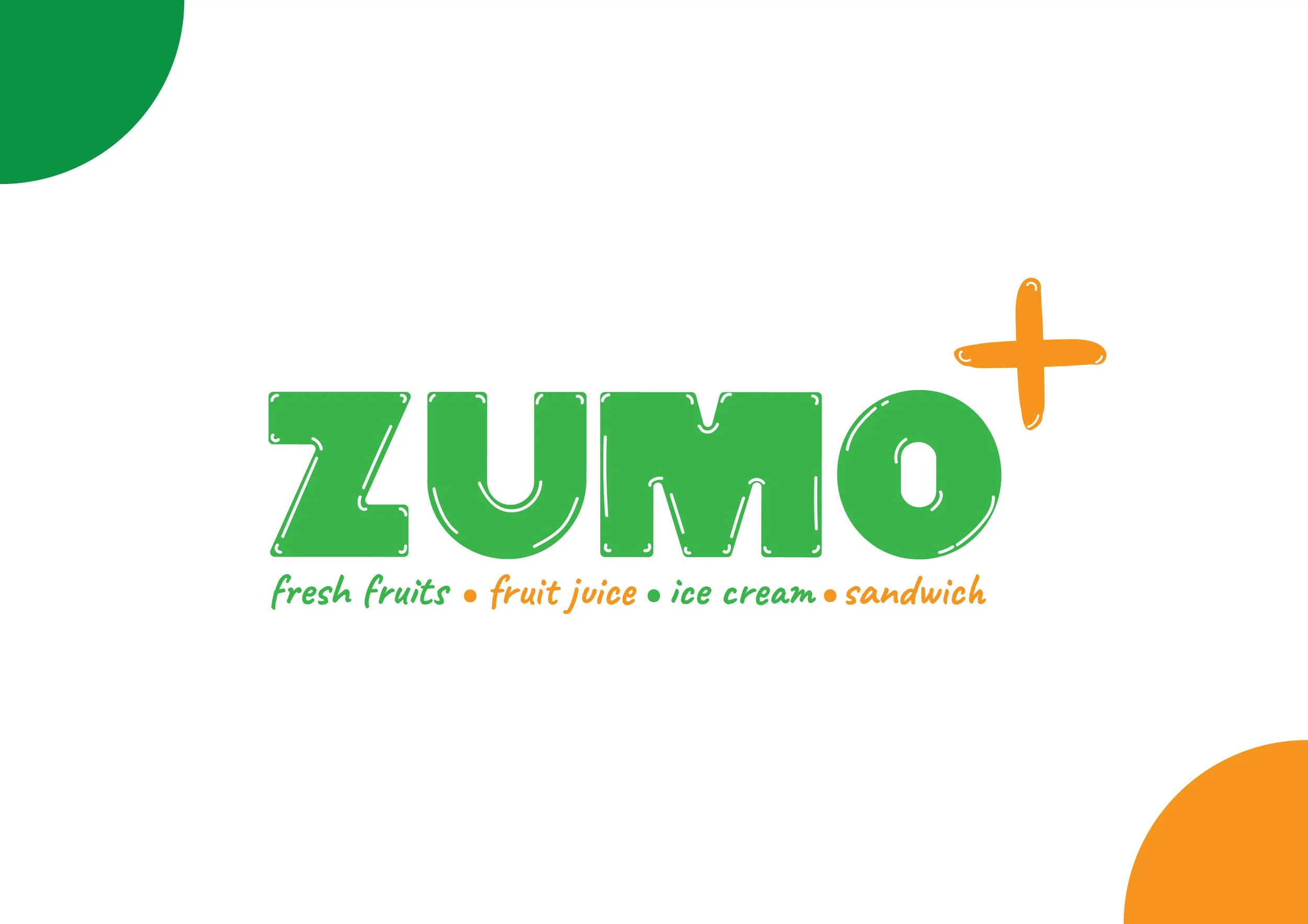 ZUMO+ logosu, taze meyveler, meyve suyu, dondurma ve sandviç gibi ürünler sunduğunu belirtir. Yeşil ve turuncu renkler kullanılmıştır.