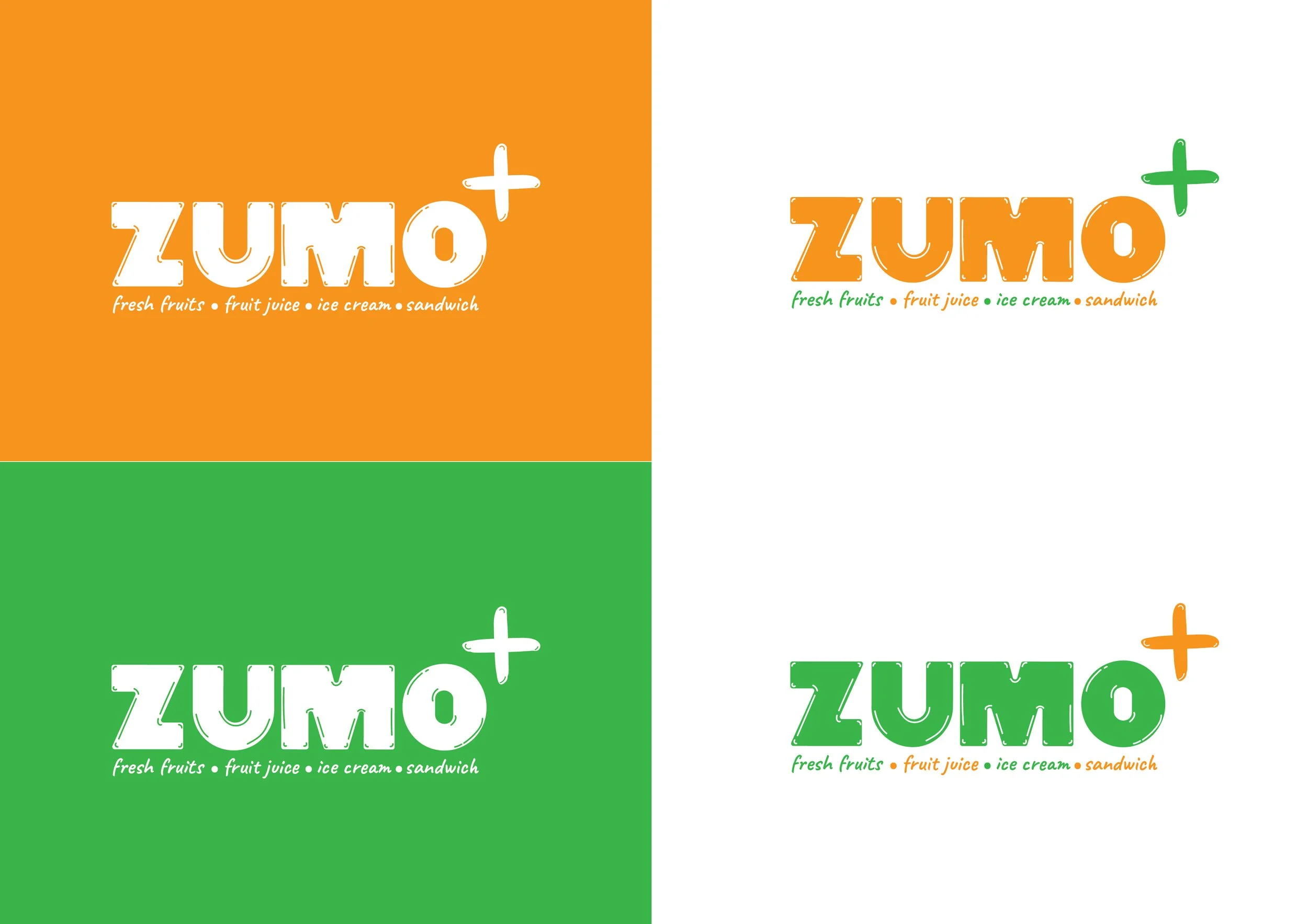 Turuncu ve yeşil arka plan üzerinde "Zumo+" yazılı logo tasarımı. Altında "fresh fruits, fruit juice, ice cream, sandwich" yazıyor.