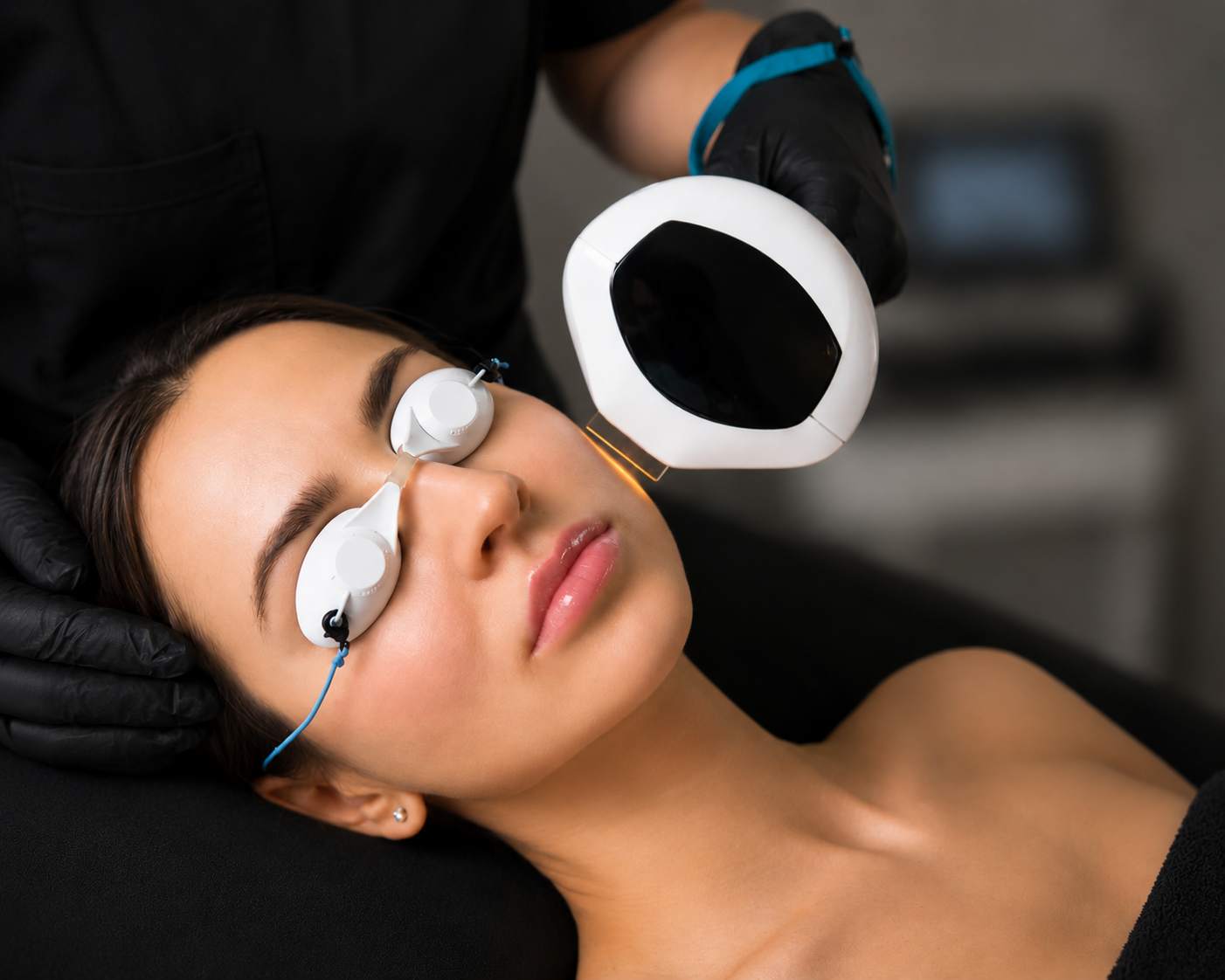 Female patient receiving a Lumecca IPL laser facial treatment while lying on a black treatment bed, with provider wearing black scrubs and gloves in a luxury medical spa setting with softly blurred background.