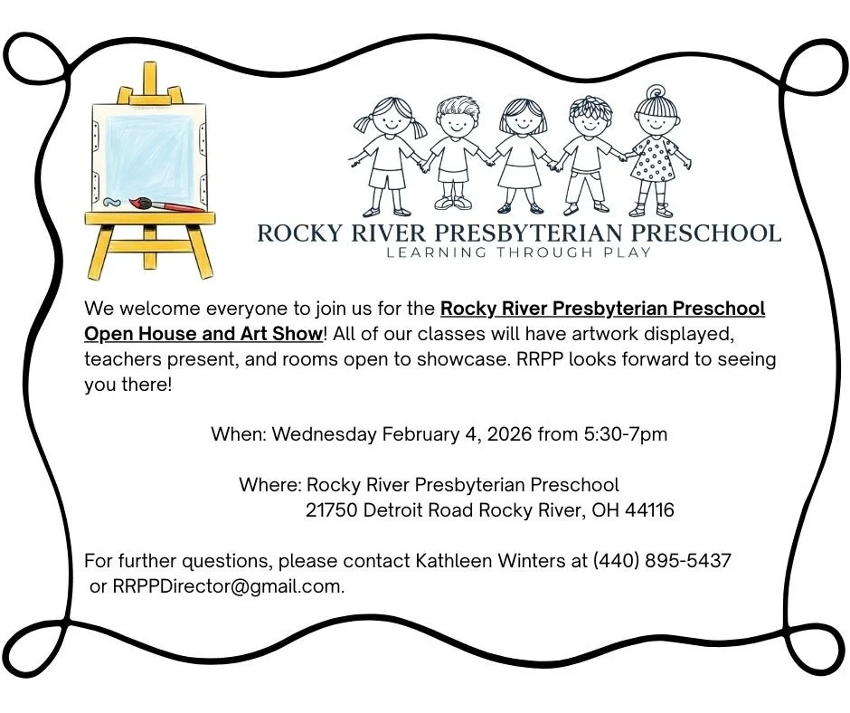 Flyer for Rocky River Presbyterian Preschool Open House and Art Show, featuring an illustration of five children holding hands and a drawing of an easel with a mirror, paintbrush, and palette.