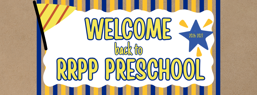 Decorative sign welcoming children back to preschool for the 2026-2027 school year, with colorful striped background, a star, and playful fonts.