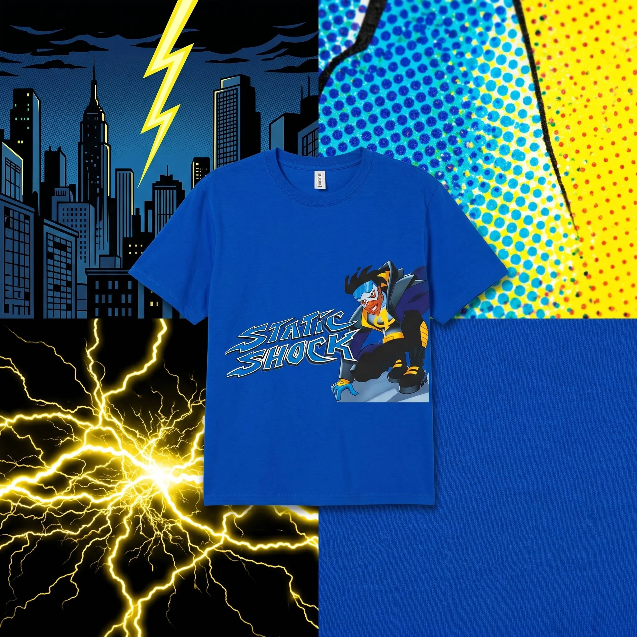 A comic book style illustration of a city skyline with dark clouds and lightning bolts, partially overlaid with a bright blue T-shirt featuring a cartoon character and the words "STATIC SHOCK".