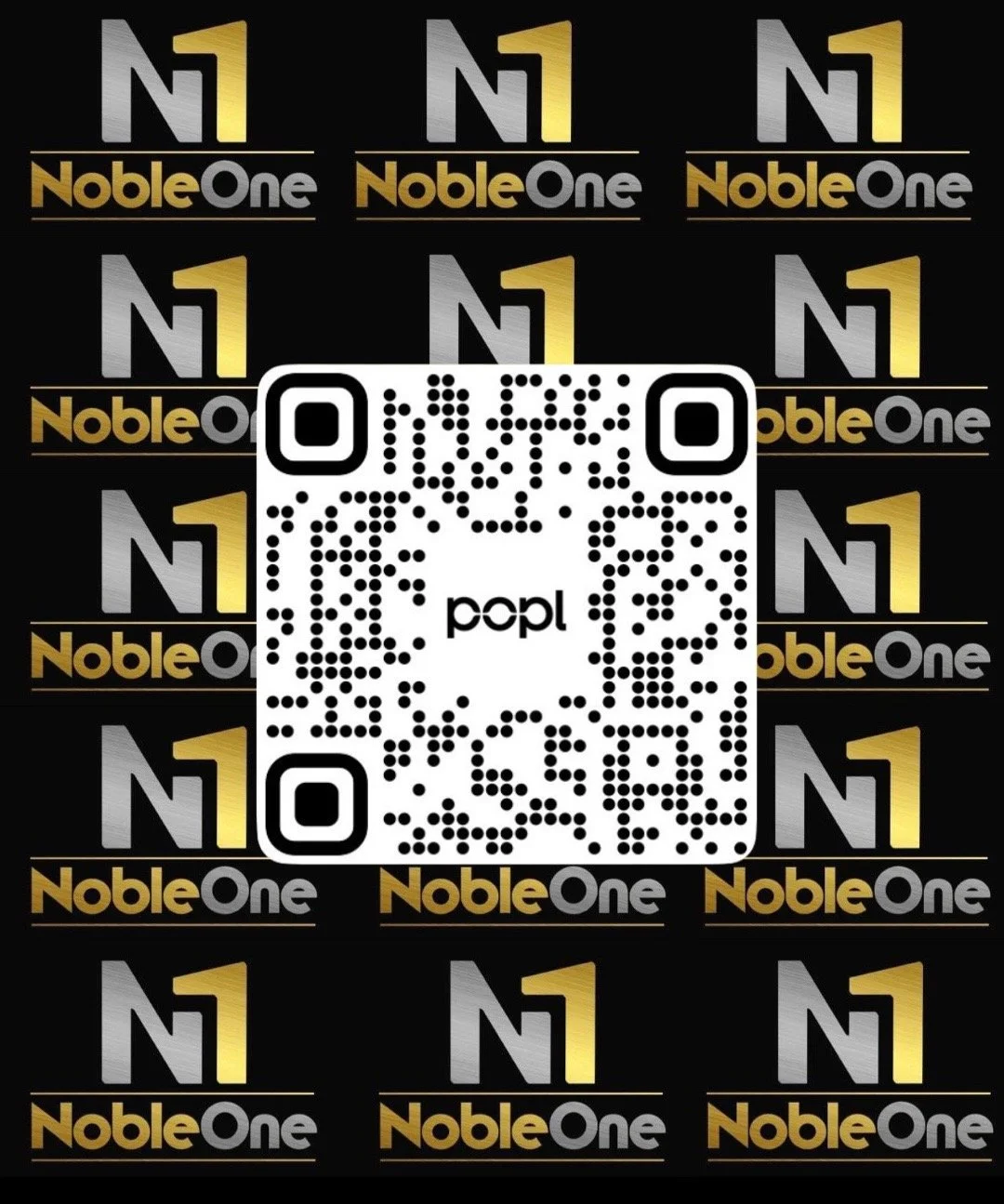 A QR code in front of a repeating pattern of the NobleOne logo, which has a black background with a stylized 'N1' in gray and yellow, and the words 'Noble One' in gold and gray.
