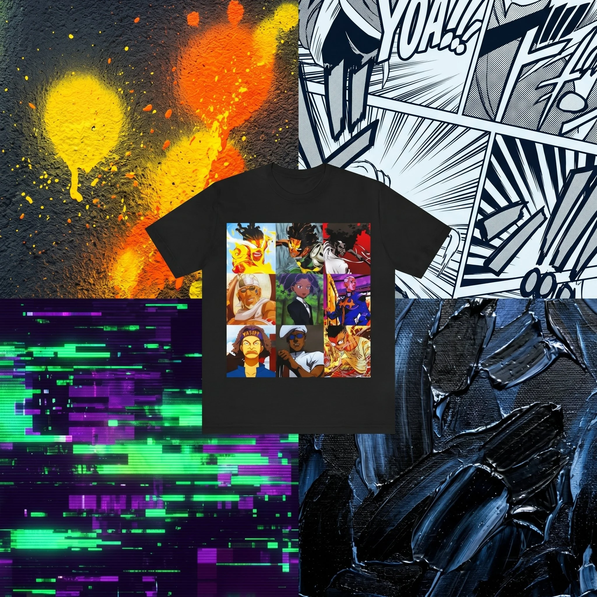 A graphic art design featuring vibrant spray paint explosions in yellow and orange against a textured dark background on the left, with a black-and-white comic book style illustration of a cityscape with buildings and detailed line work on the right, and a limited edition t-shirt featuring cartoon characters at the bottom center.