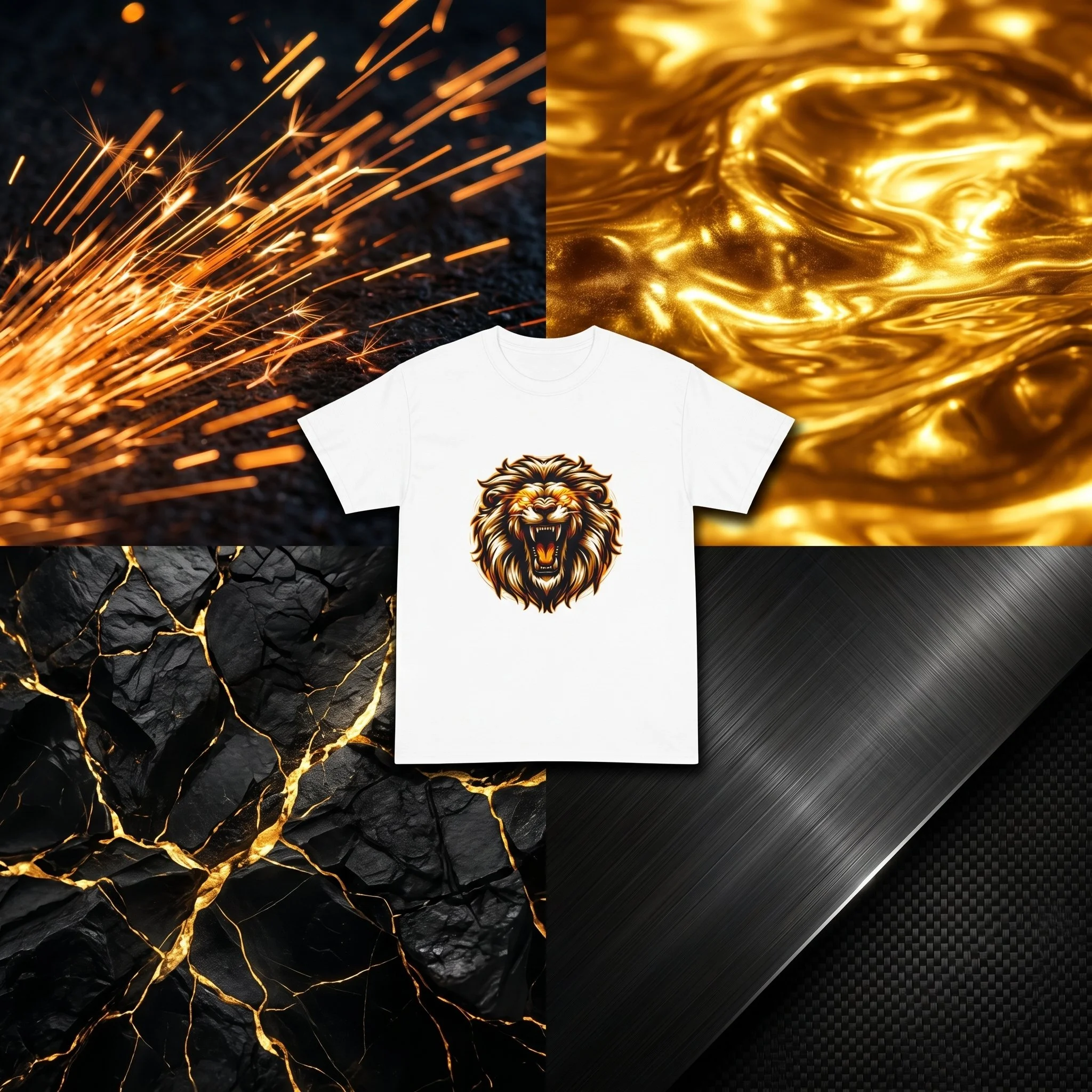 A collage of four images: sparks flying from a firework or welding on a dark surface, glowing golden liquid or fabric with swirling patterns, cracked black rocks with glowing gold veins, and a white T-shirt with a lion's head logo in gold, black, and white.