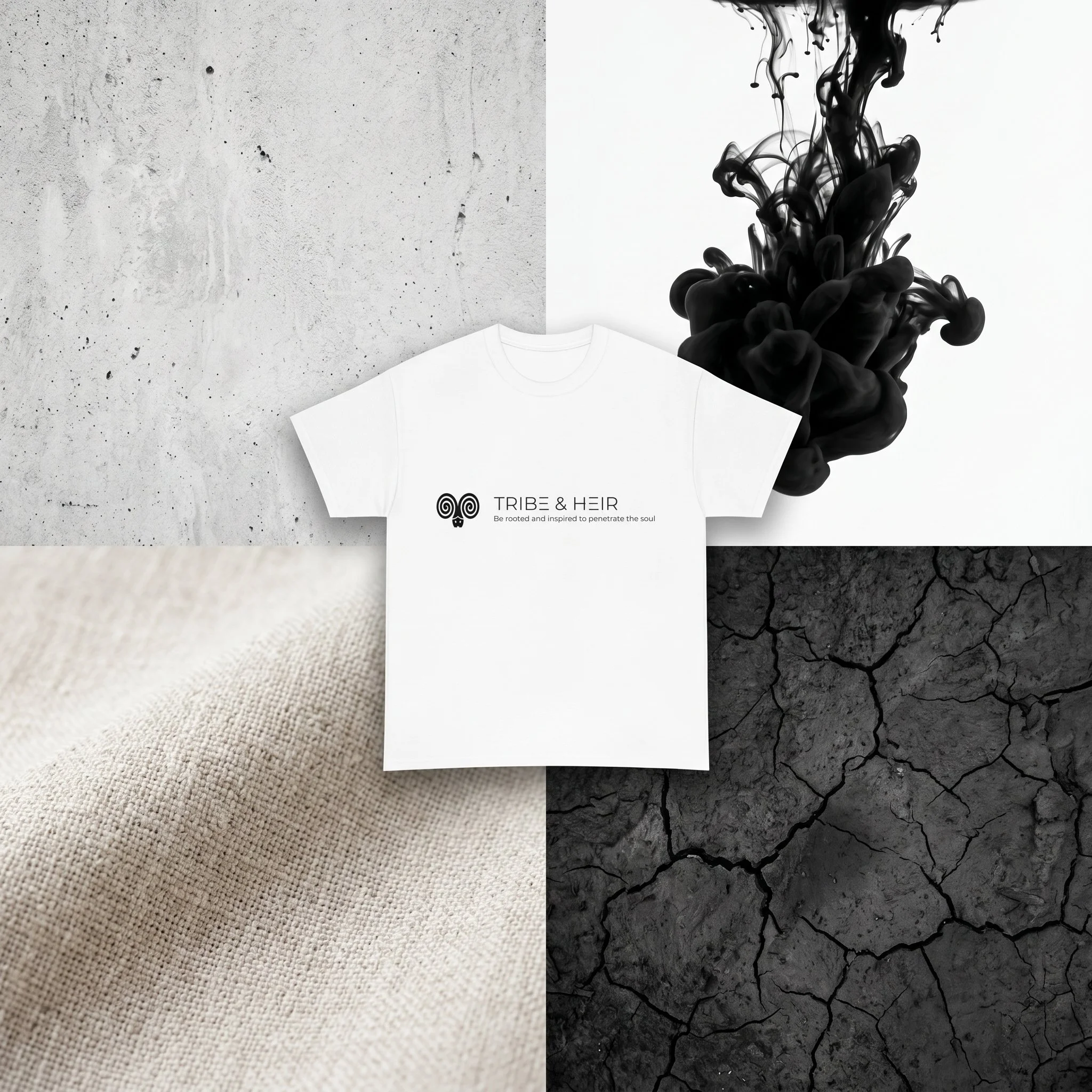 A minimalist design layout featuring a white t-shirt with a tribal and heir logo, against a textured, cracked concrete surface background with black ink swirling and dripping on the right side.