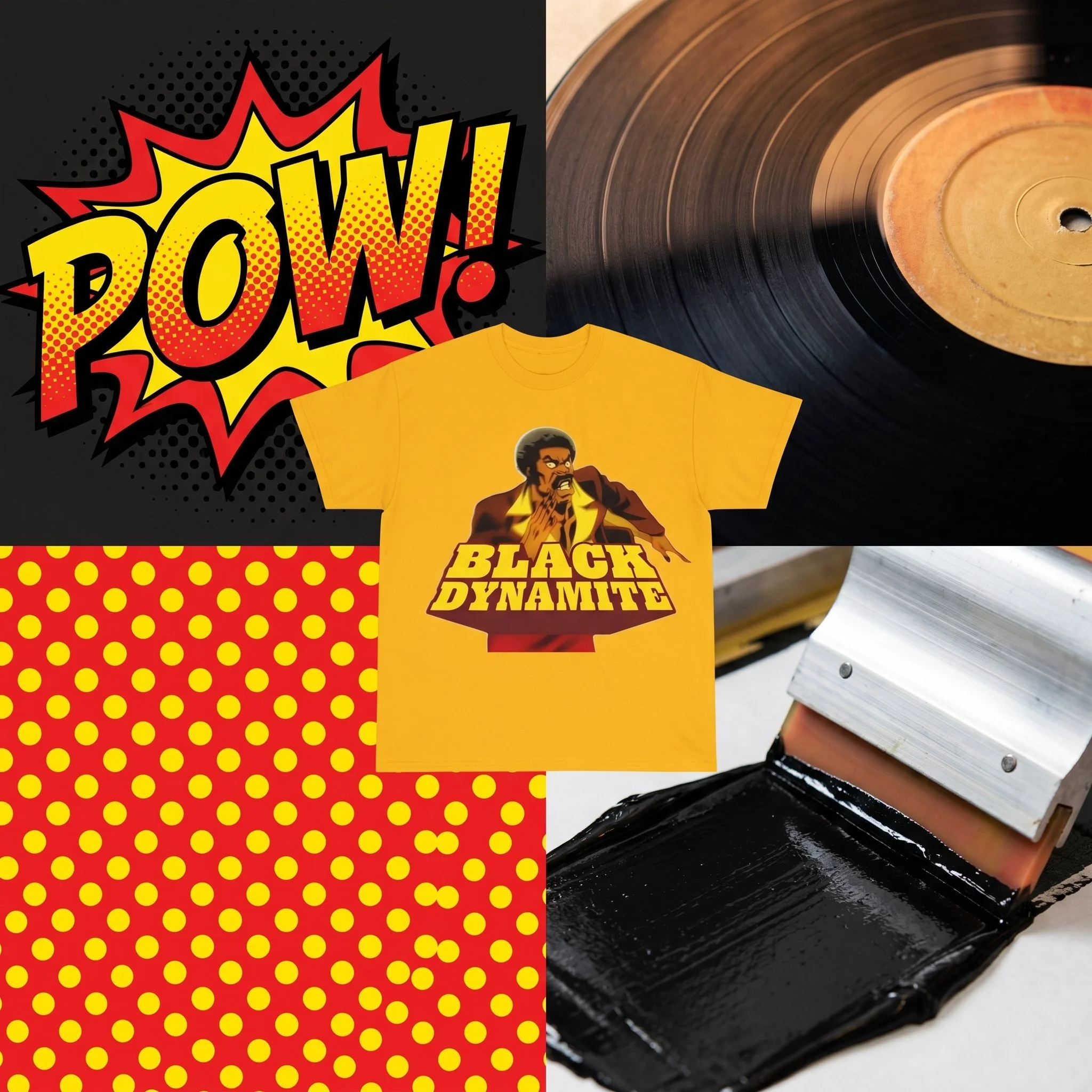 Comic book style explosion with the word 'POW!' in bold yellow and red letters on a black background. Nearby is a yellow T-shirt with a graphic of a man with an Afro hairstyle and the text 'BLACK DYNAMITE.' A vinyl record is also partially visible.