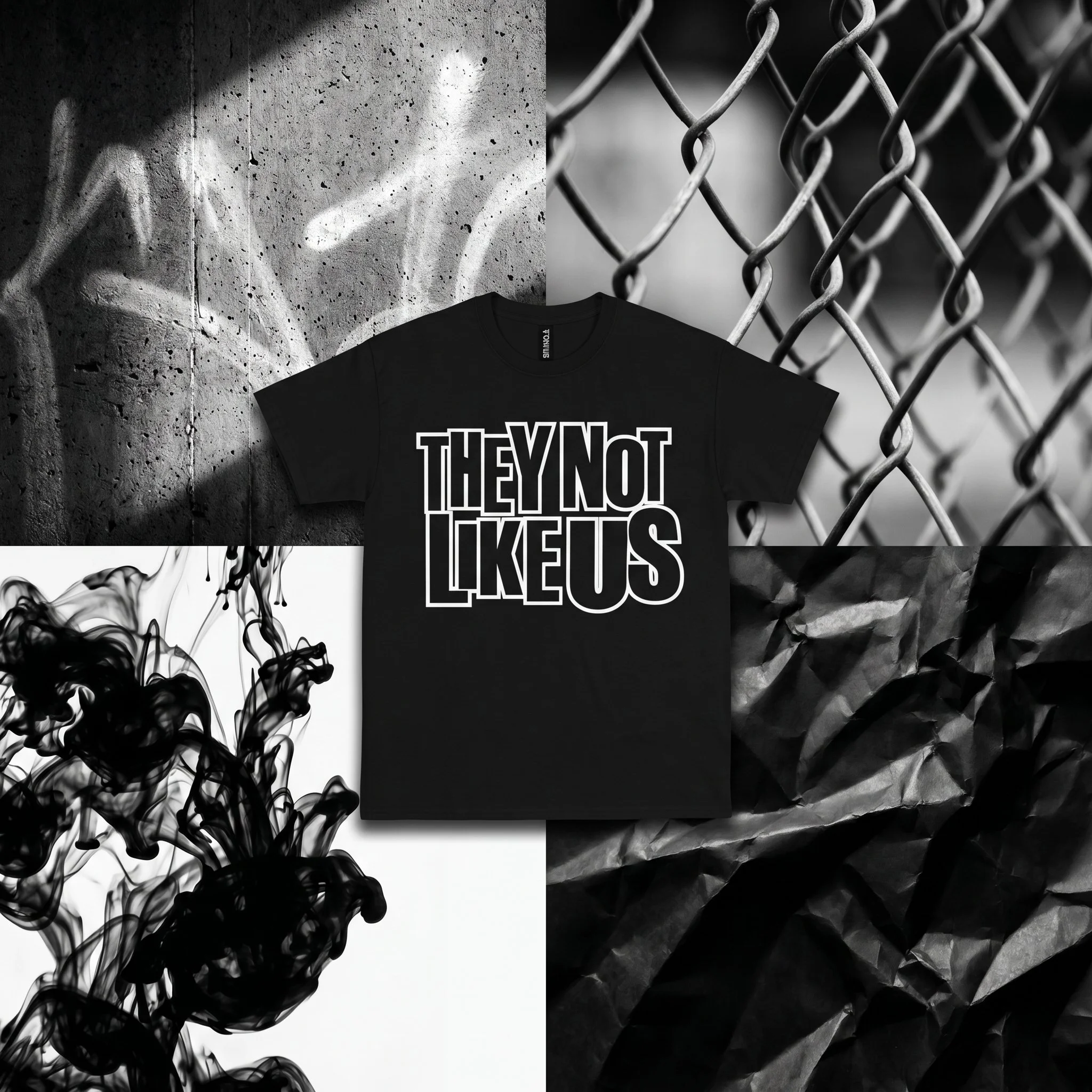 A black T-shirt with white text that says "THEY NOT LIKES" is displayed in front of a graffiti wall and a chain-link fence in a black and white photo.