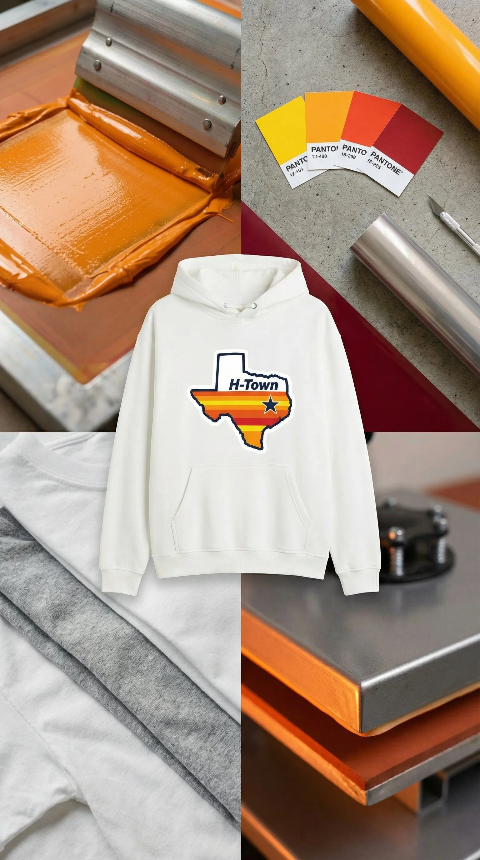 The image displays a heat press machine in operation printing a design on a white hoodie. The design features the shape of Texas with a striped pattern, the text "H-Town," and a star. There are color swatches for color testing and a roll of heat transfer material.