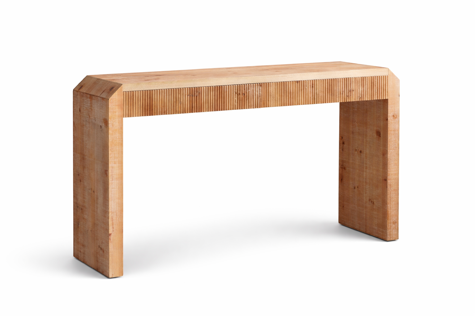 A wooden table with a simple rectangular top and two wide legs, made from unpainted light wood, set against a plain white background.