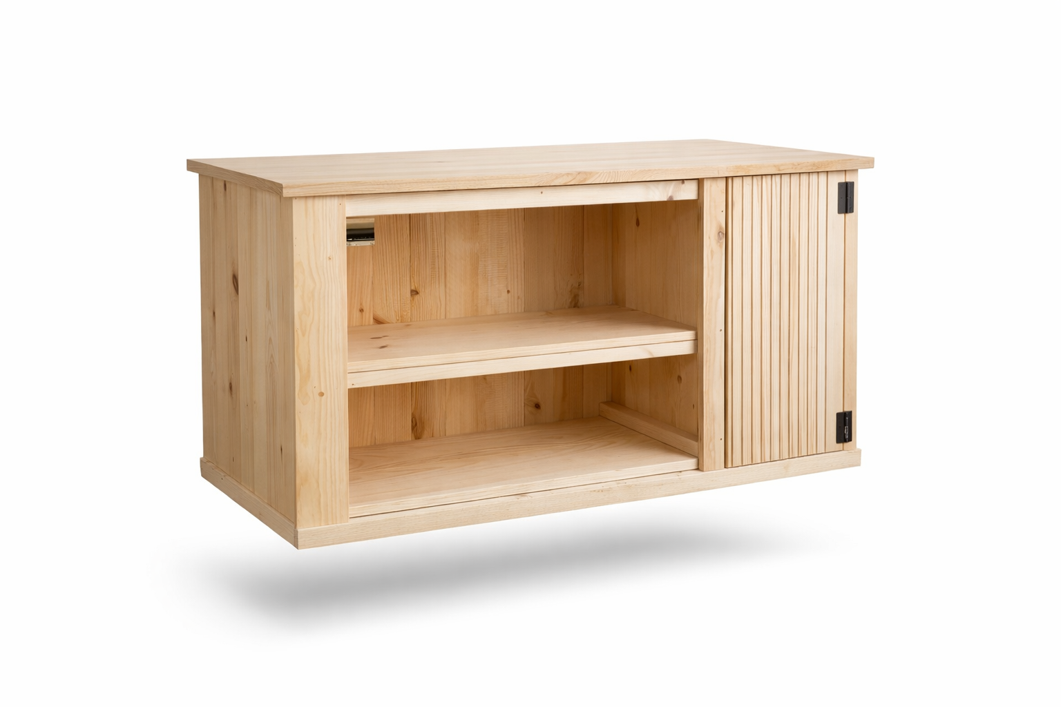 unfinished wooden cabinet with open shelf and a sliding door on the right