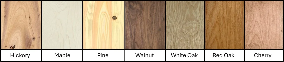Samples of different types of wood, including Hickory, Maple, Pine, Walnut, White Oak, Red Oak, and Cherry.