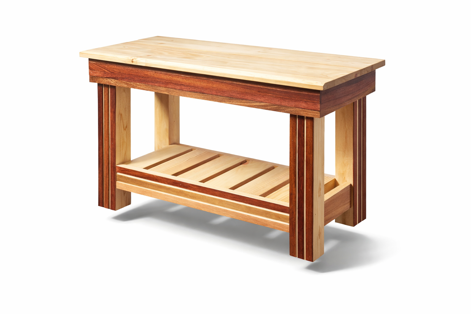 Wooden outdoor plant stand or side table with a slatted lower shelf.
