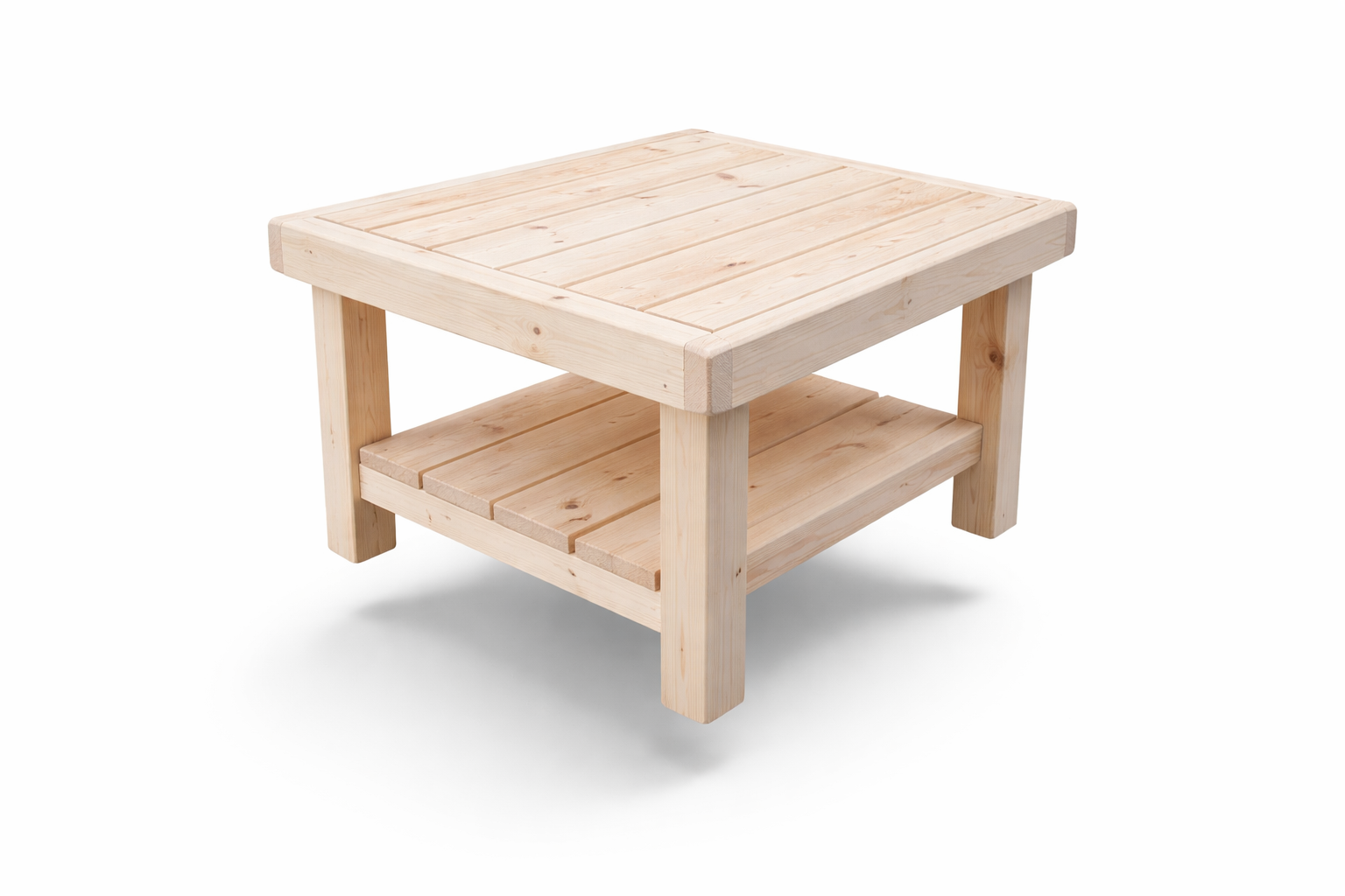 Light-colored wooden side table with a flat top and lower shelf, isolated on white background.