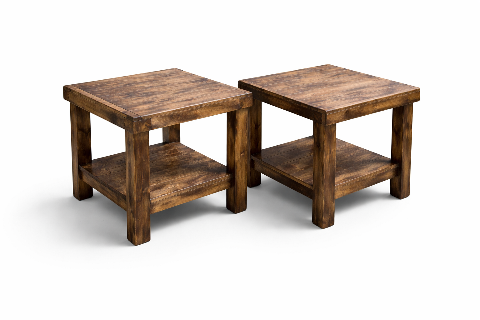 Two wooden side tables with open shelves, made of dark-stained wood, standing on a white background.
